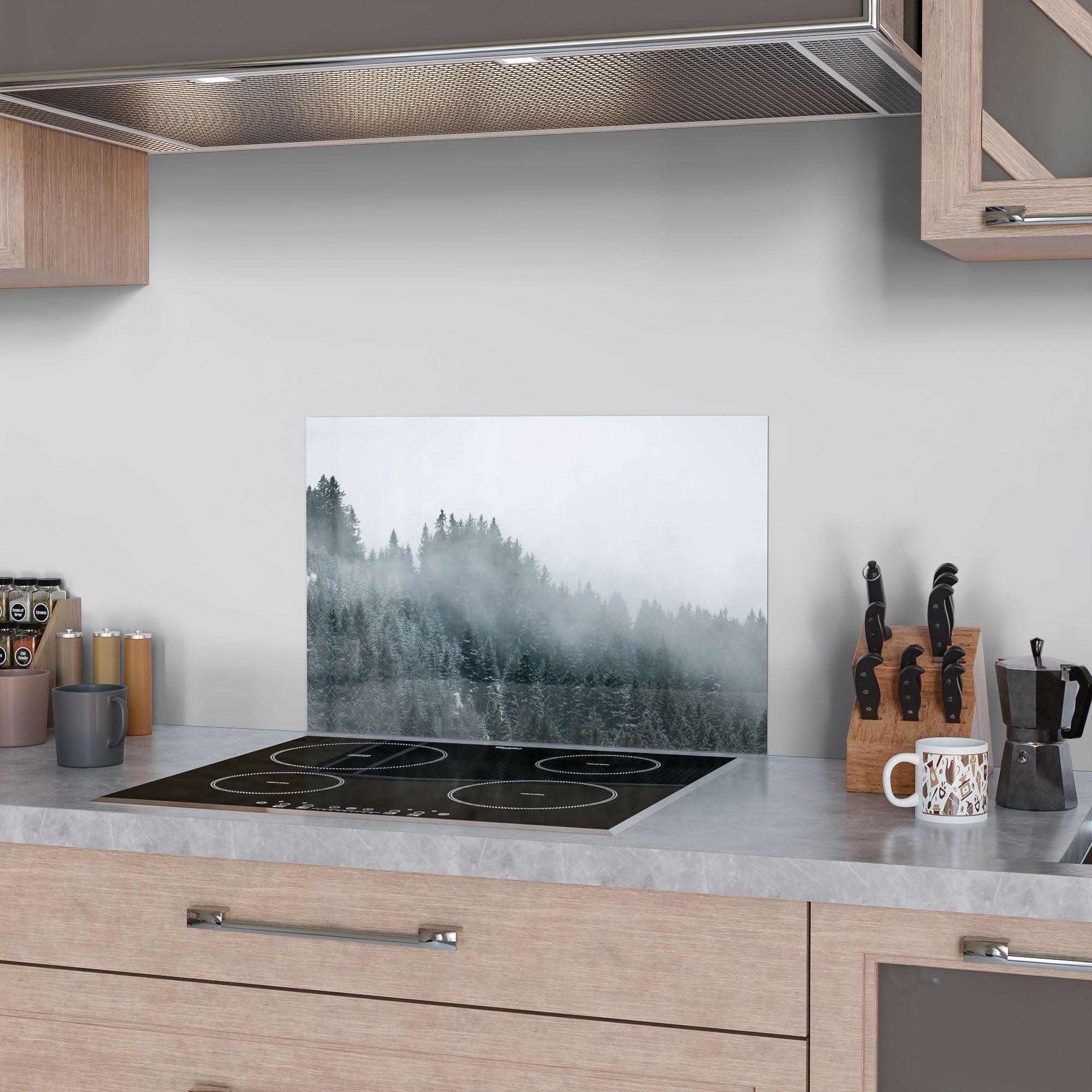 Küchenrückwand Glas Herdblende Spritzschutz Badrückwand DEQORI 'Nebel über Baumwipfeln',