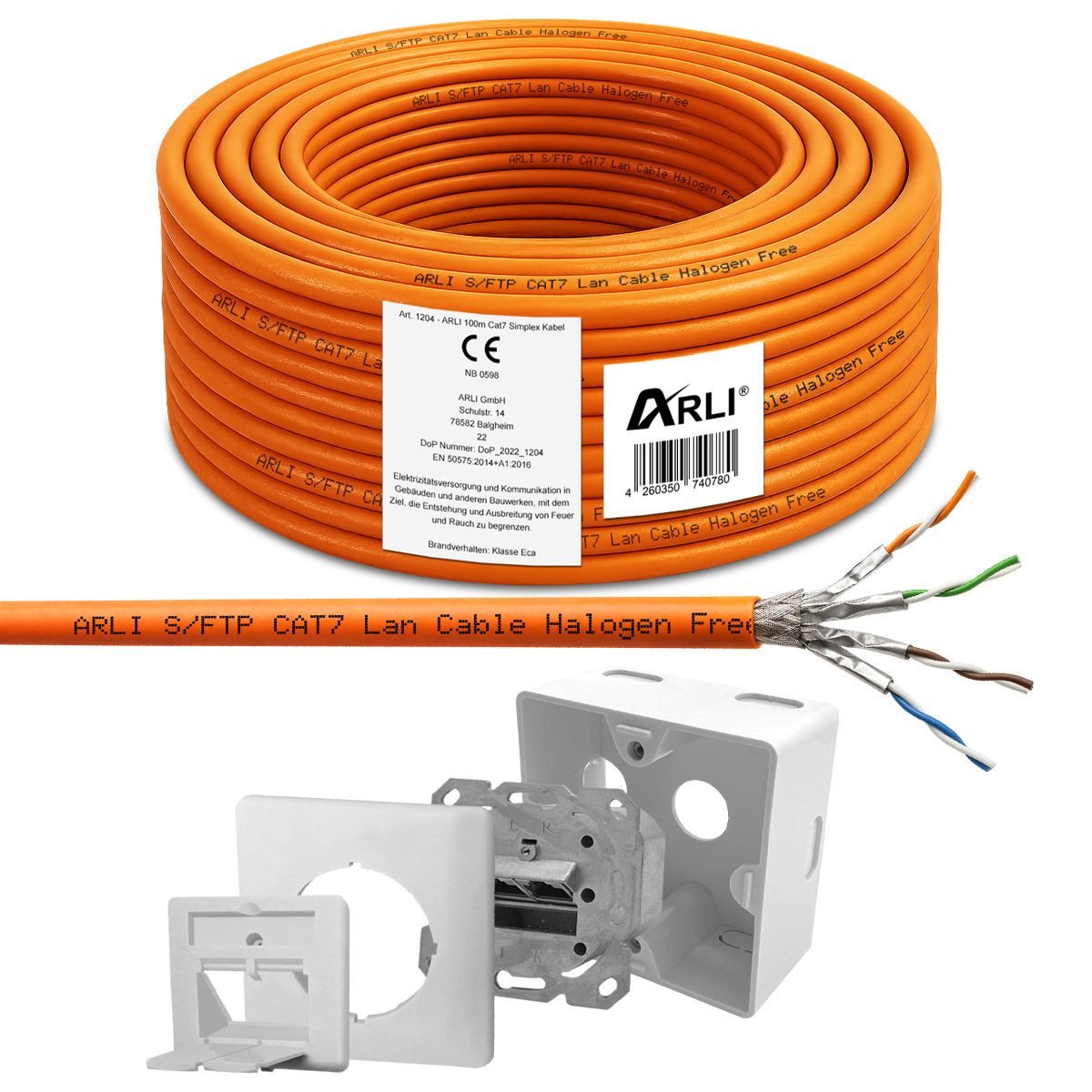 ARLI Netzwerk-Adapter, Cat7 Verlegekabel 100 m Halogenfrei Netzwerkkabel + Netzwerkdose
