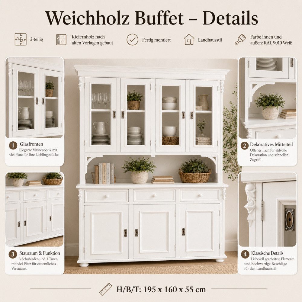 Wohnpalast Buffet Buffetschrank Landhaus weiß 160 cm aus massivem Weichholz Vitrinenschr