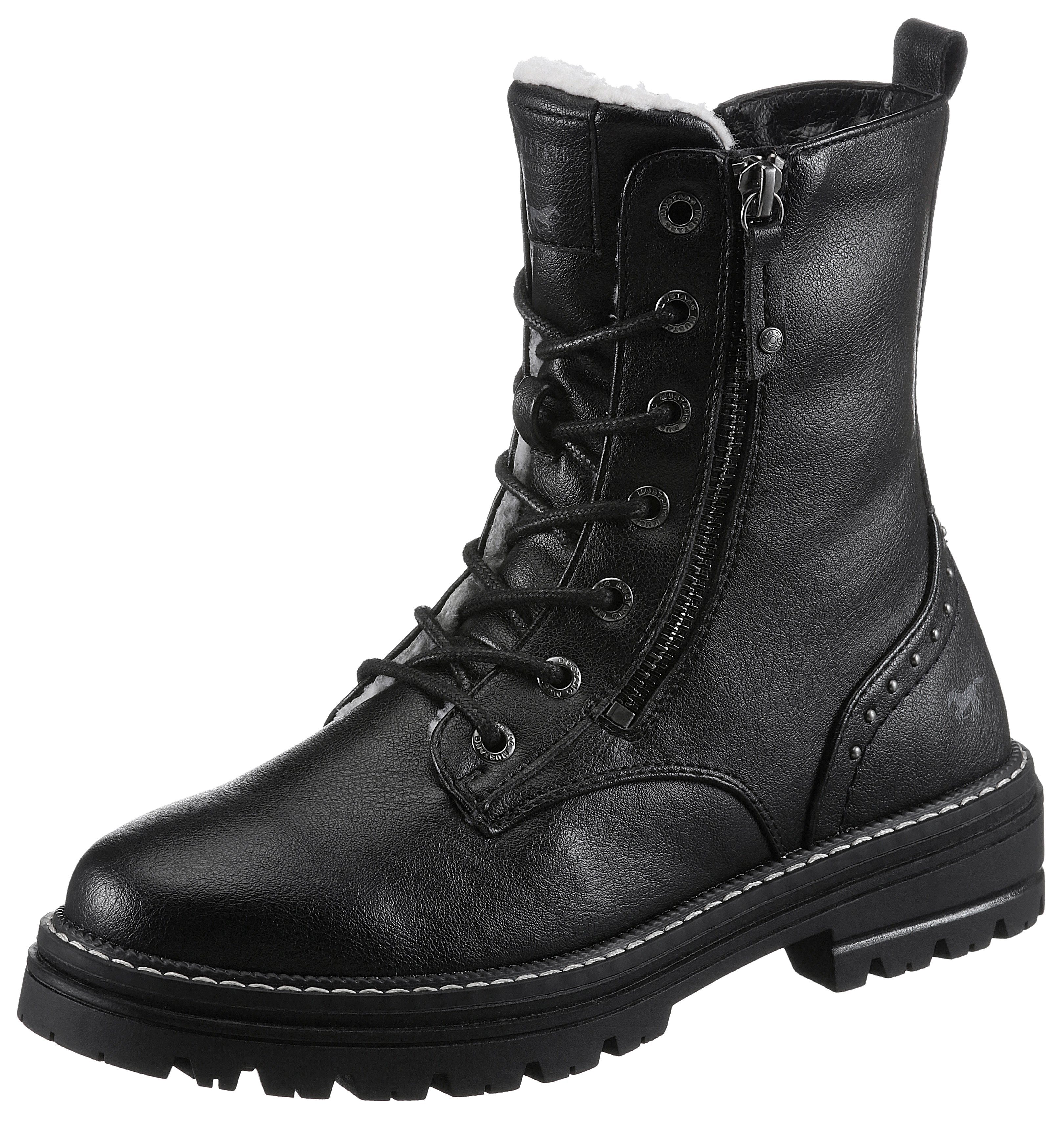 Mustang Shoes Winterboots, Blockabsatz, Winterstiefelette, Schnürboots, Nieten und Ziernähten