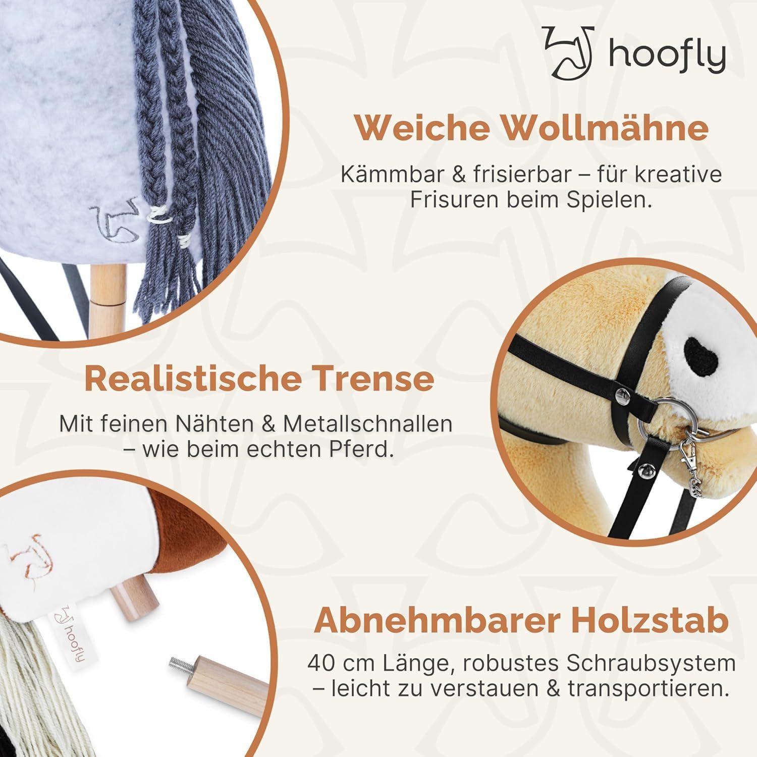 Hoofly Steckenpferd Hoofly® Hobby Horse Pferde Set mit Trense und Schraubstab in 4 Designs, (mit Trense & Schraubstab, hobby horsing, Stockpferd), Abschraubbarer Stab
