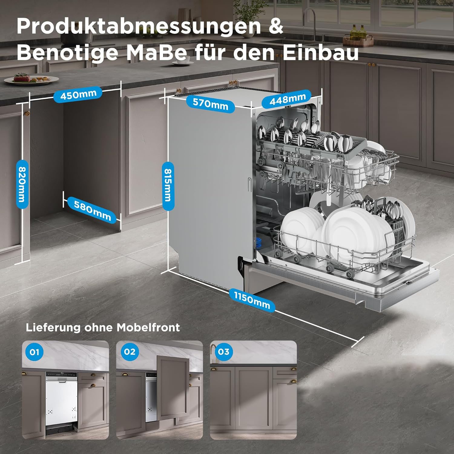 Midea teilintegrierbarer Geschirrspüler MDWES1034CS-W, 9 l, 10 Maßgedecke