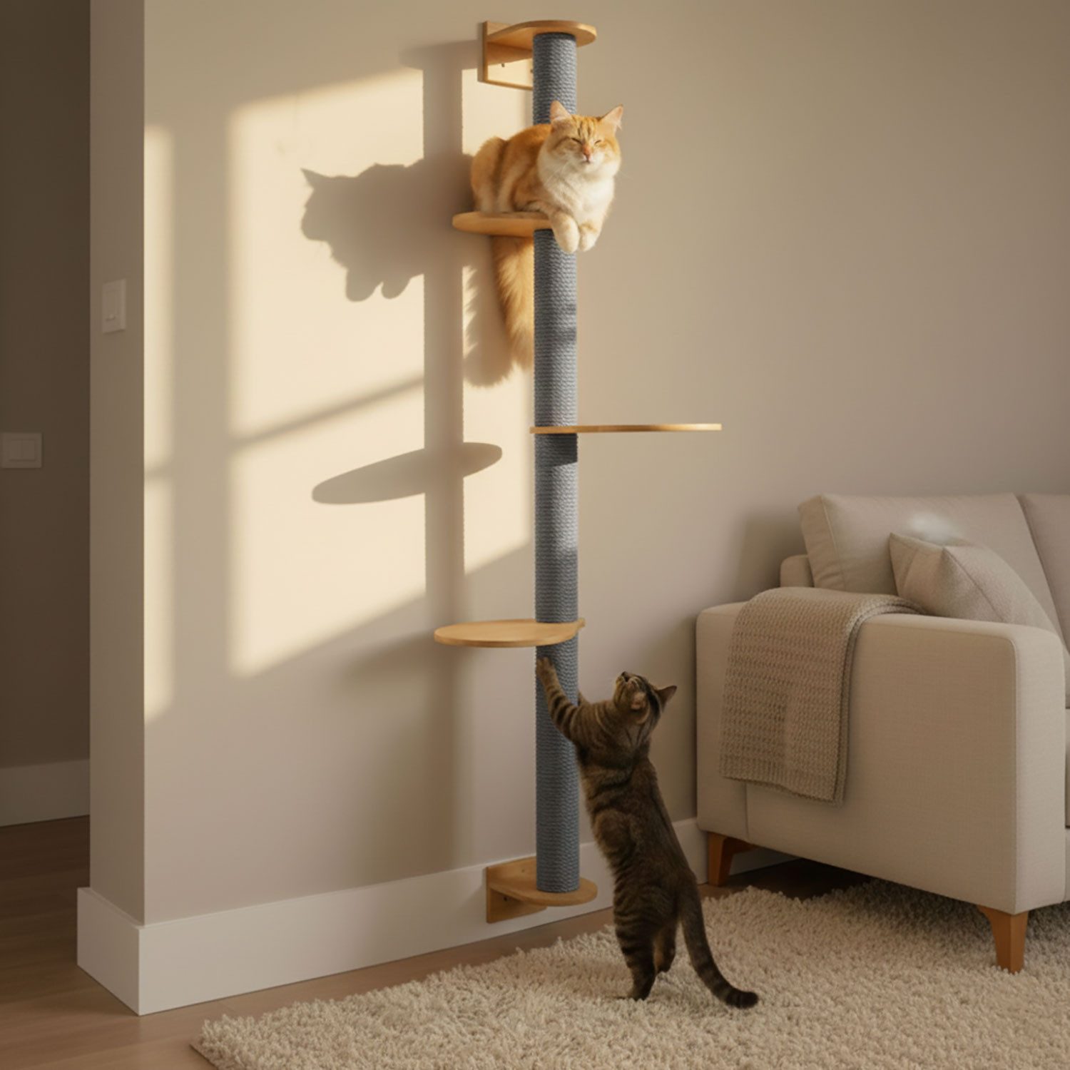 eyepower Kratzbaum zur Wandmontage - 175cm Wandkratzbaum für Katzen mit 3 Bambus Plateaus, Sisalstamm Wand - Katzenkratzbaum platzsparend - Kletterwand Katze