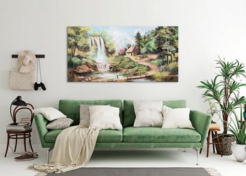 YS-Art Gemälde Wasserfall, Landschaftsbilder, Dorf Leben Wasserfall Bach Leinwand Bild Handgemalt Hütte