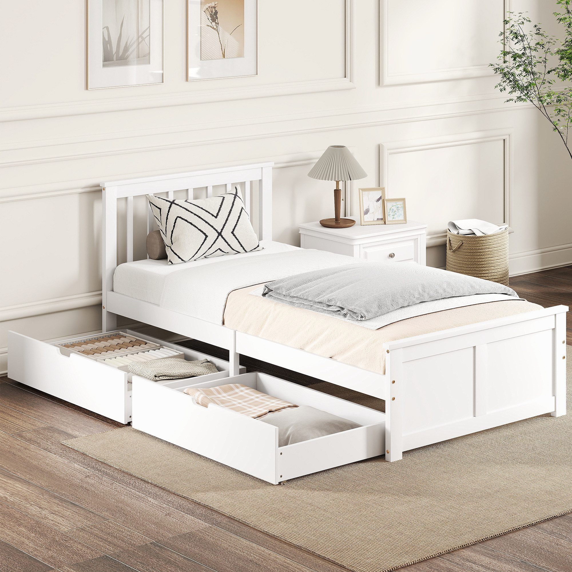 HOMCOM Bettgestell Bett 90x200cm, Schublade, Unterbettaufbewahrung, Holzbett (Einzelbettrahmen, 1-tlg., Bettrahmen aus Holz), für Schlafzimmer, Weiß