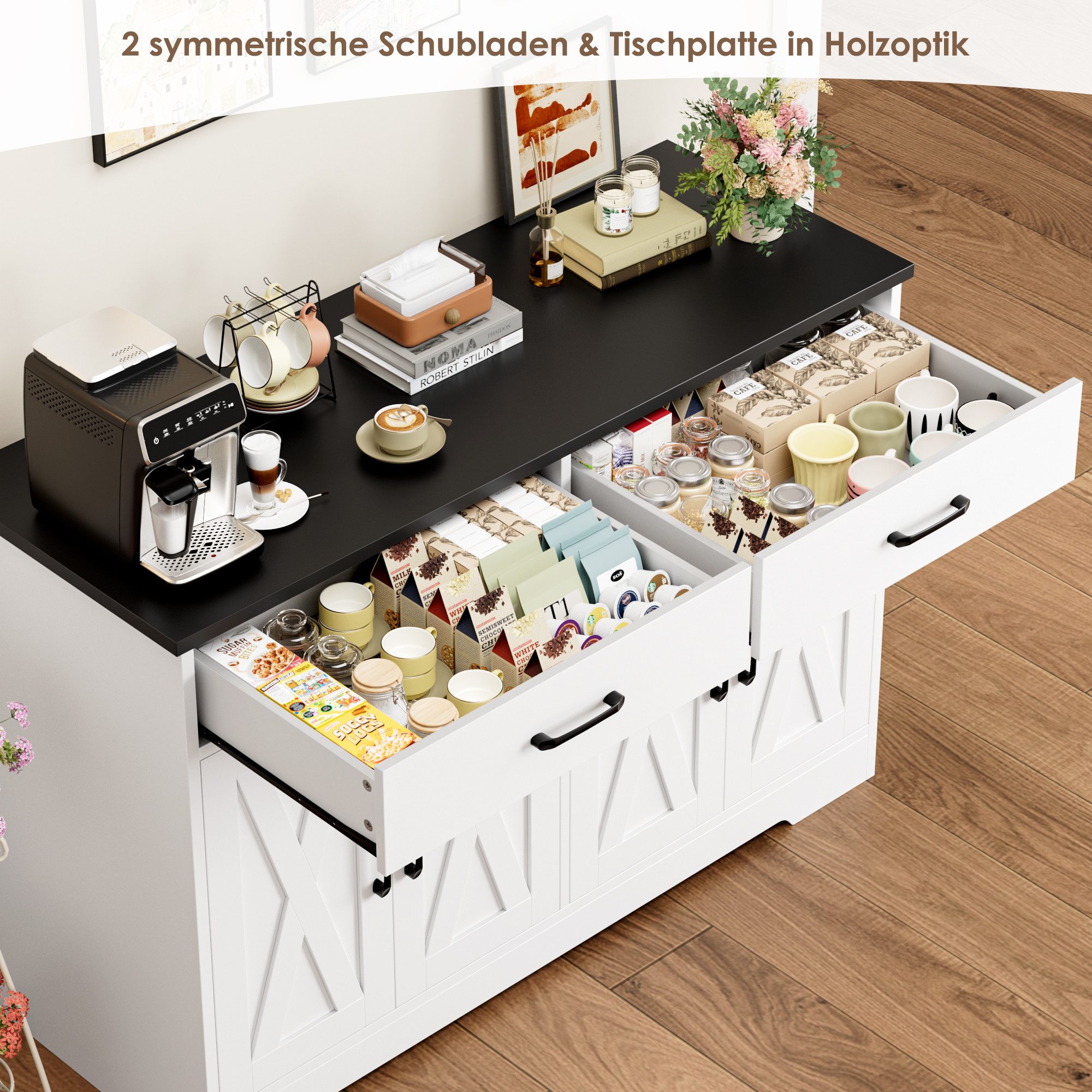 HOMECHO Buffet 120cm Breit Küchenschrank mit Arbeitsplatten, 2 Schubladen, 4 Türen – Bild 5 von 5