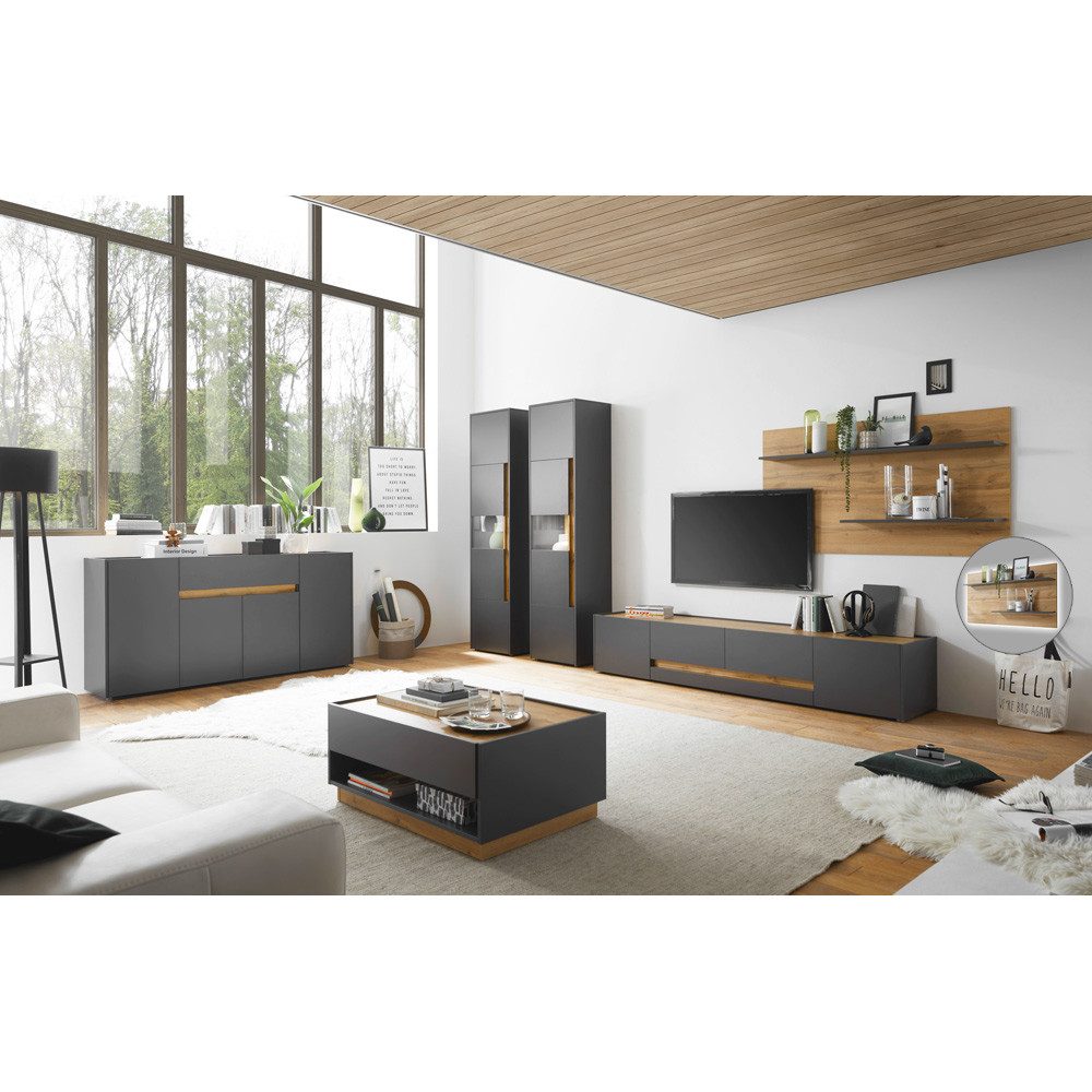 Lomadox Wohnzimmer-Set CRISP-61, (Mega-Spar-Set, 6-St., 6-tlg), mit LED Beleuchtung in anthrazit mit Absetzungen in Wotan Eiche Nb.