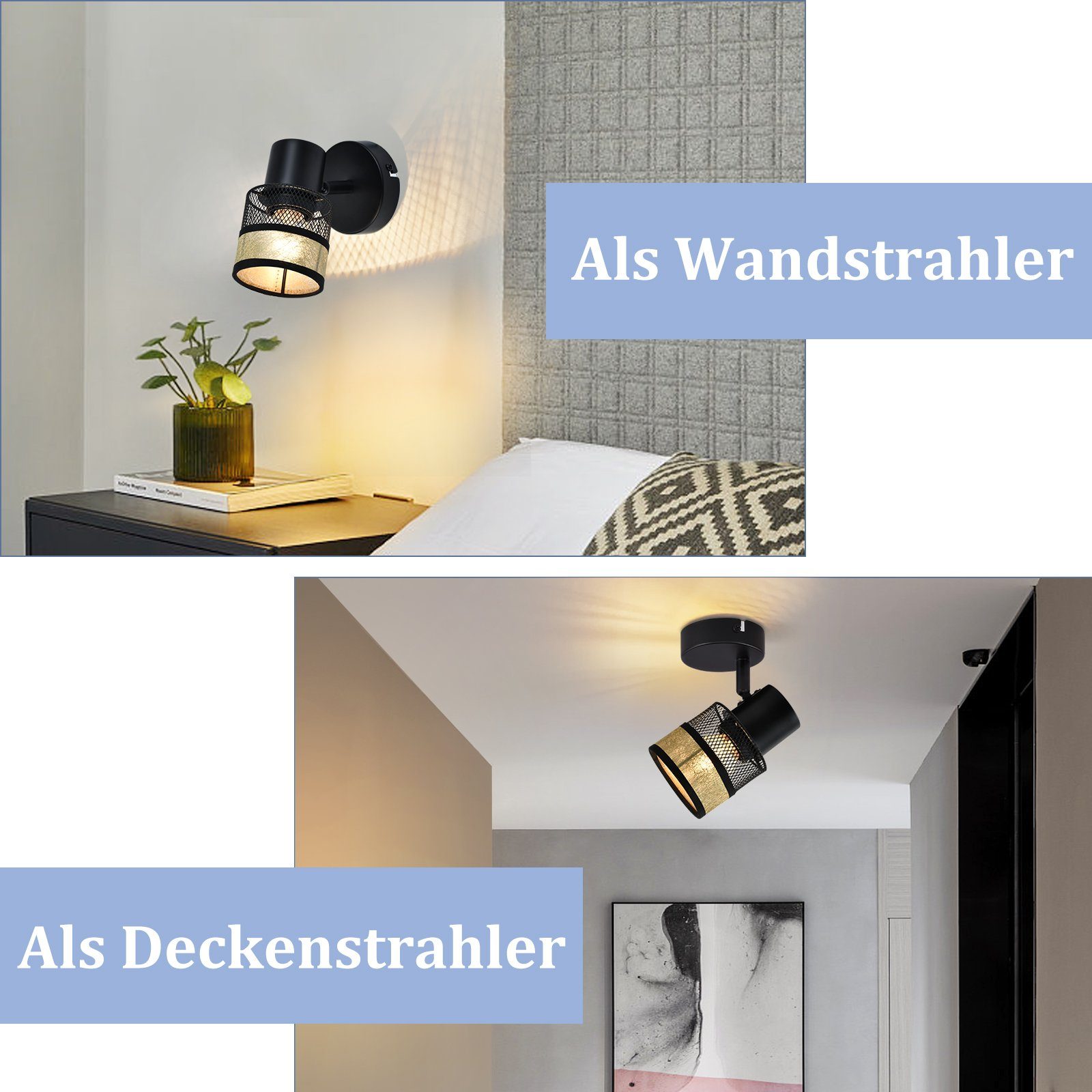 Nettlife Deckenstrahler 1/2/3/4 Flammig Schwarz Vintage E27 Flur Metall Deckenleuchte, 330°Drehbar, LED wechselbar, für Wohnzimmer Schlafzimmer Küche Treppe Esszimmer