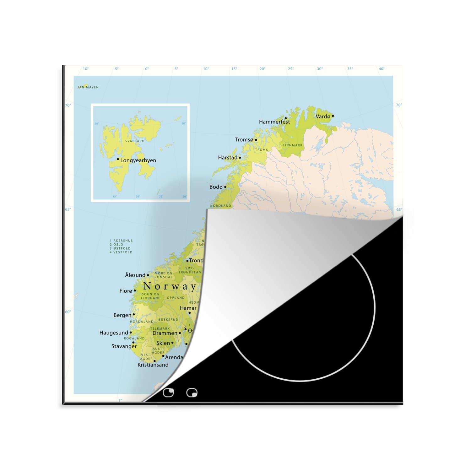 MuchoWow Herdblende-/Abdeckplatte Karte von Norwegen mit wichtigen Städten, Vinyl, (1 tlg), 78x78 cm, Ceranfeldabdeckung, Arbeitsplatte für küche