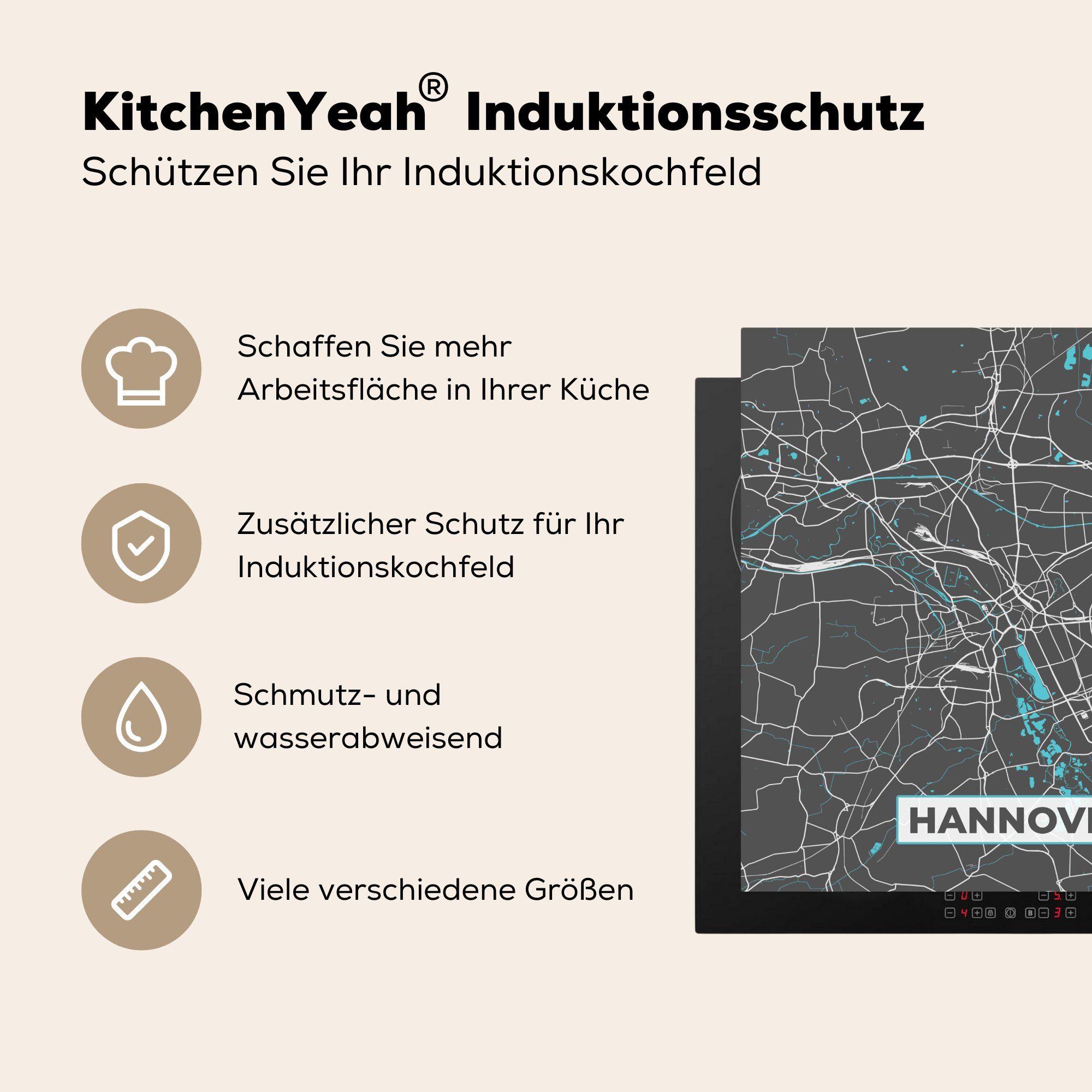 küche - Ceranfeldabdeckung, - Blau Stadtplan für Arbeitsplatte Karte cm, Herdblende-/Abdeckplatte MuchoWow Vinyl, - Hannover, - Deutschland 78x78 (1 tlg),
