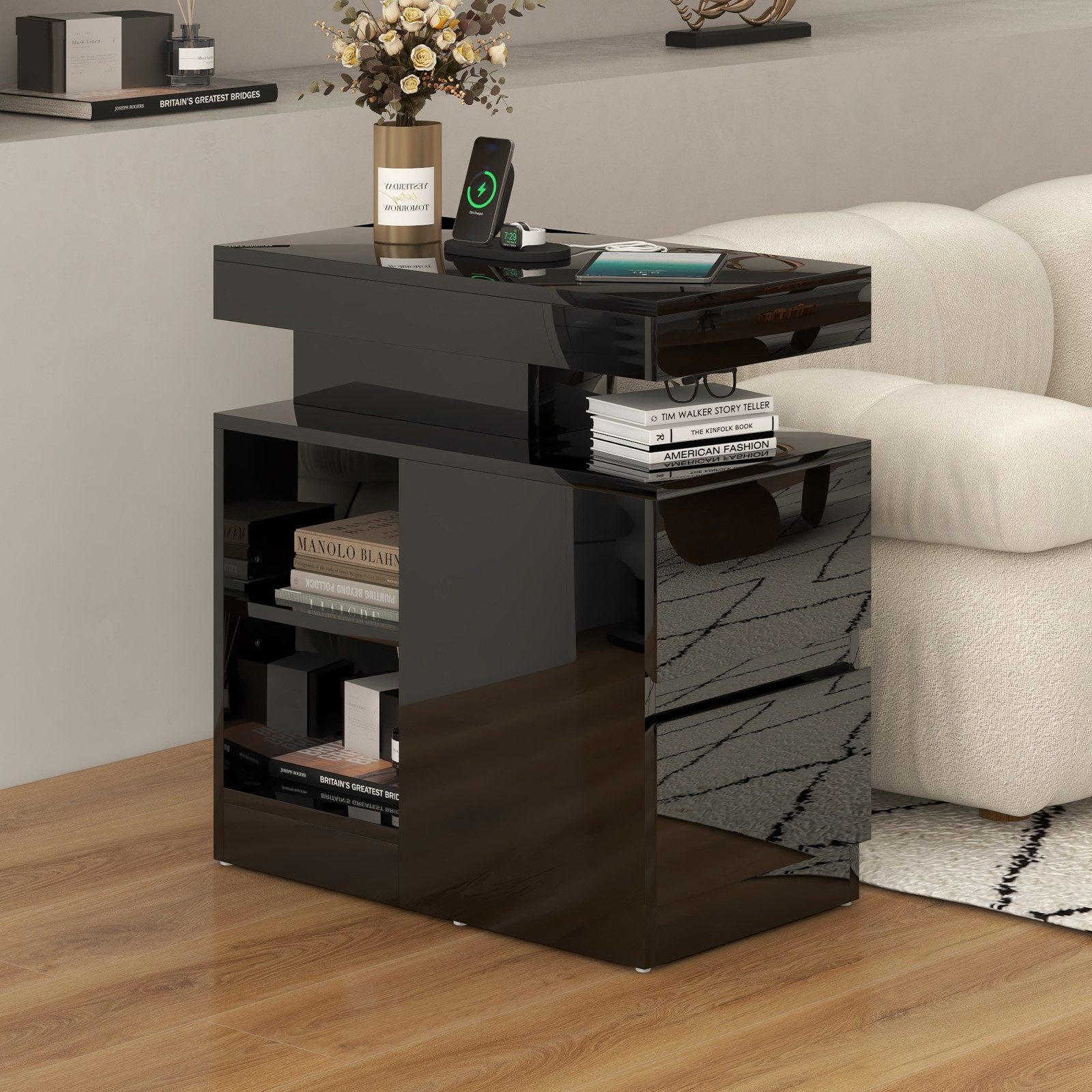 JOIVI Beistelltisch Moderner Beistelltisch im Hochglanz (Wohnzimmertisch in 60 x 32 x 62 cm, Kaffeetisch mit 2 Schuhbladen), Sofatisch für Wohnzimmer, Schlafzimmer, Büro, Schwarz