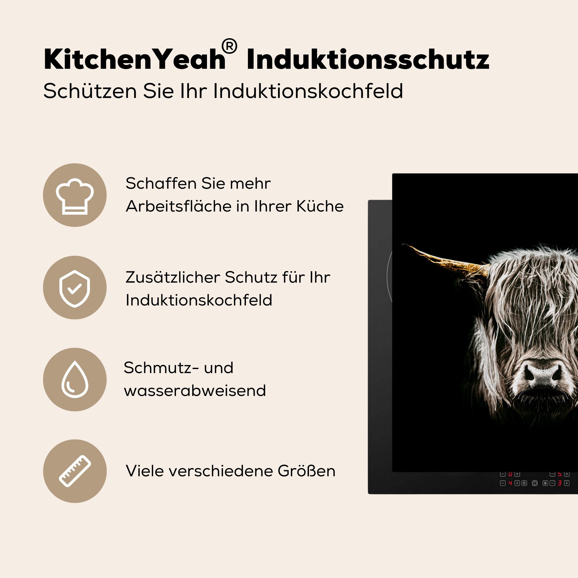 Ceranfeldabdeckung, Schwarz (1 Arbeitsplatte 78x78 Weiß Herdblende-/Abdeckplatte - Vinyl, Schottischer MuchoWow küche für cm, - tlg), - Highlander Hörner,