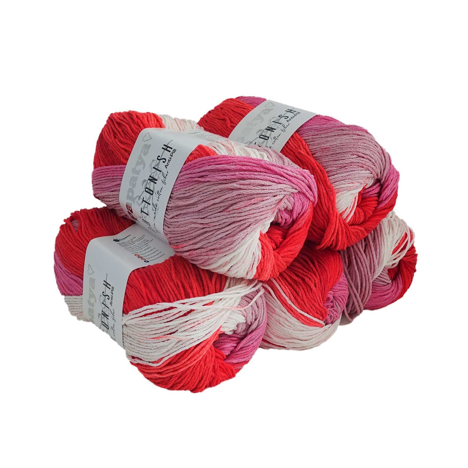 maDDma 5 x 100g Strickgarn Papatya Cottonish Häkelwolle, 250 m, 03 rot-weiß-altrosa-pink
