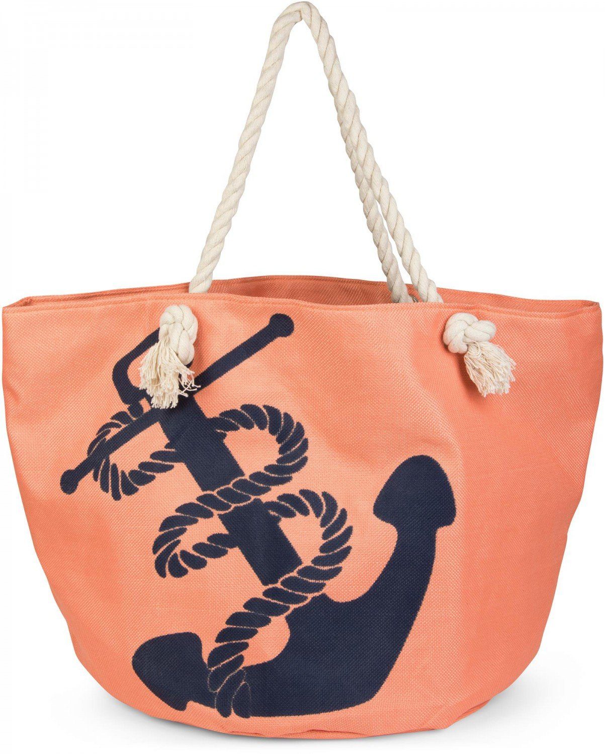 Flechtoptik styleBREAKER Strandtasche Apricot-Blau Anker Print Strandtasche mit (1-tlg),