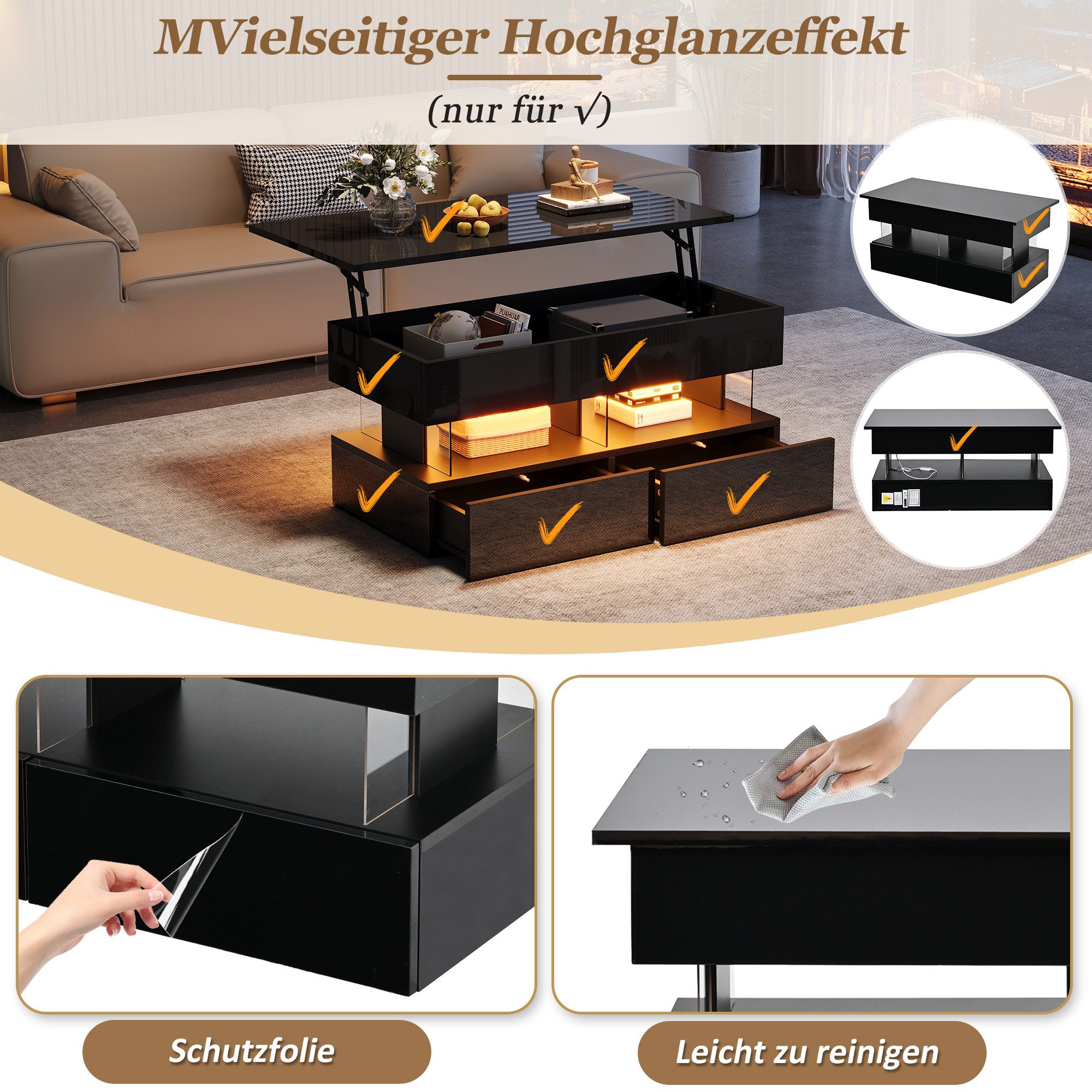 Merax Couchtisch anhebbarer Sofatisch mit LED-Beleuchtung (1-St., 120 x 50 x 46 cm), Wohnzimmertisch mit 2 Schubladen, Ablagefach & verstecktem Stauraum