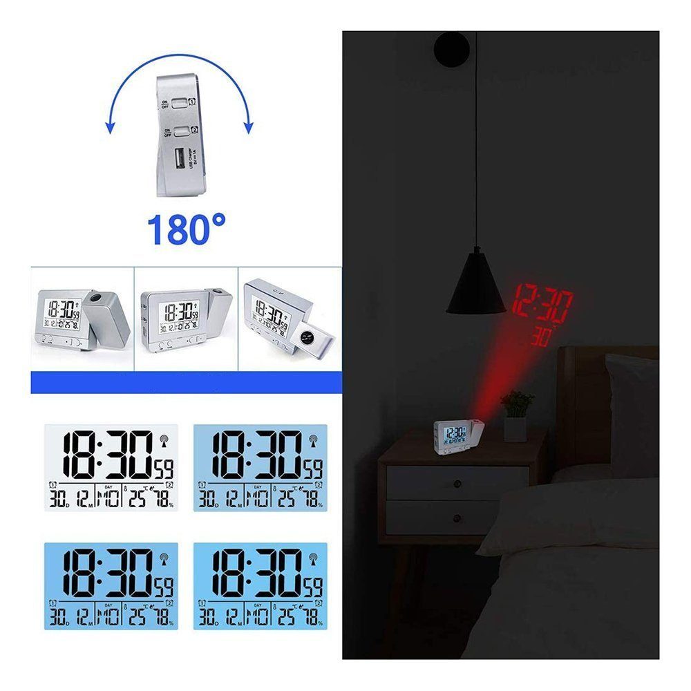 TUABUR mit Zeit-Temperatur Digitaluhr Projektion Projektionswecker Silber Projektionswecker für