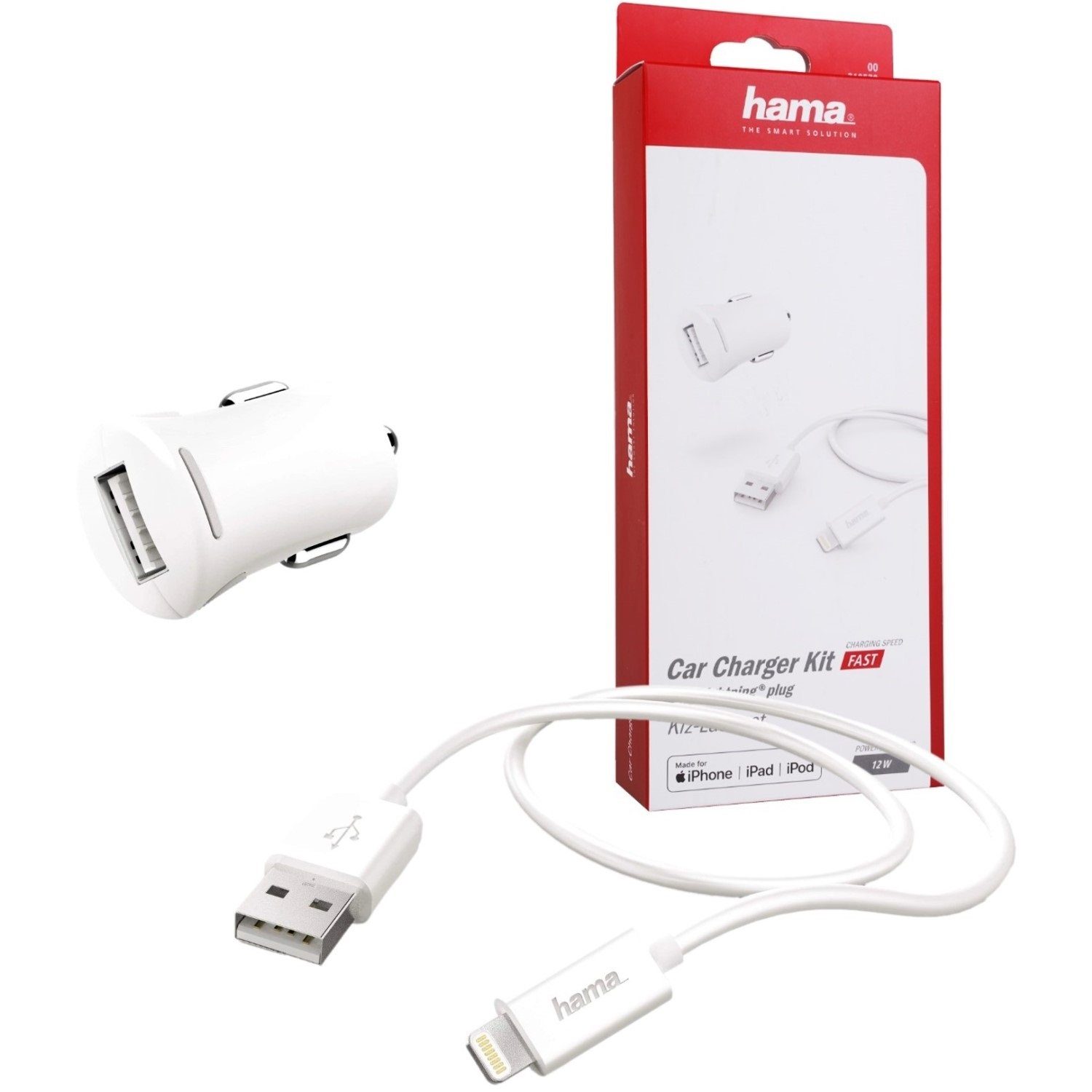Hama KFZ Schnell-Ladekabel Lightning 2,4A 12W Smartphone-Ladegerät (MFI lizenziert USB Lade-Adapter Auto Ladegerät Schnellladung)