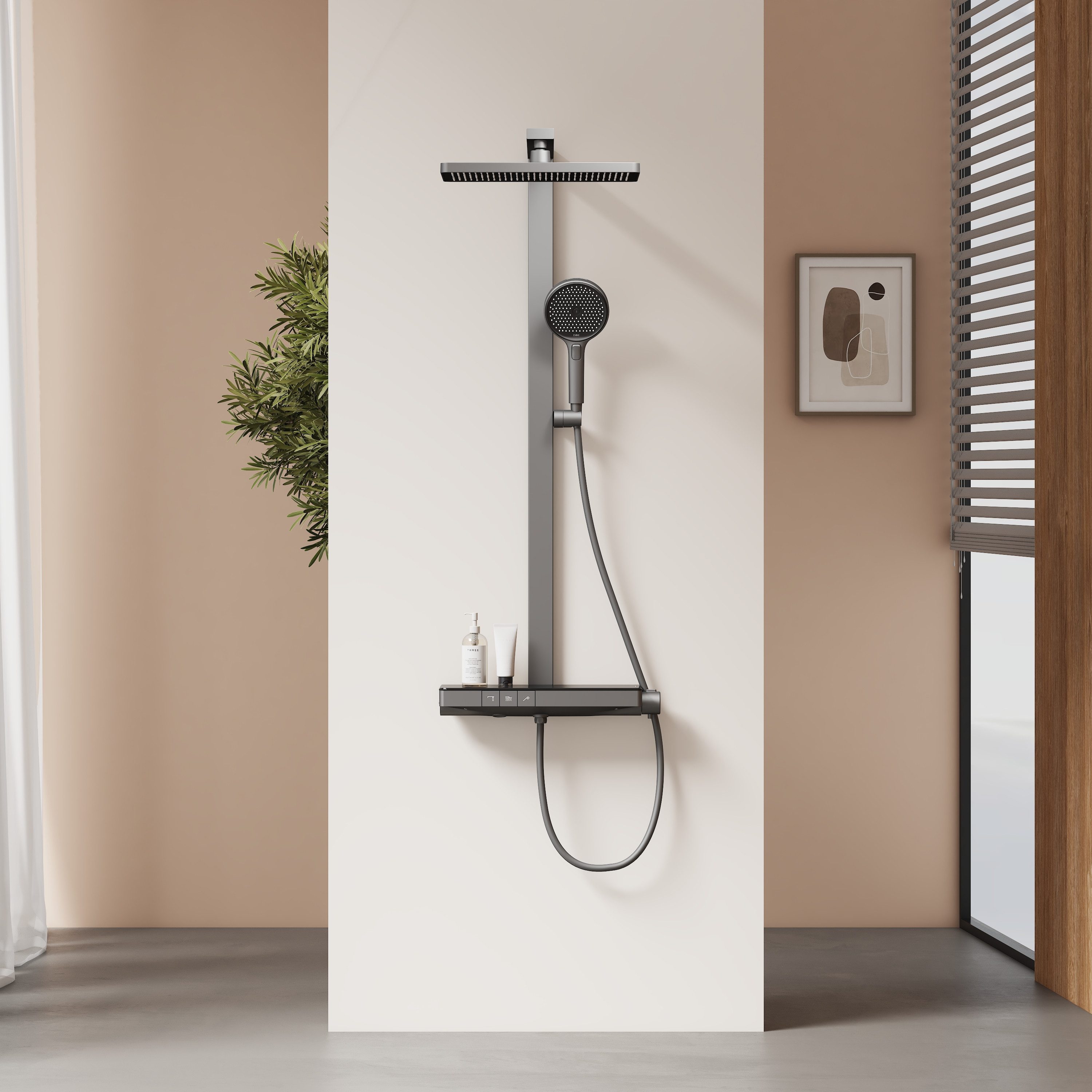 EMKE Duschsystem DuschsäuleSet mit 40cm Thermostat Ablage Regendusche und Kopfbrause, Höhe 110 cm, 4 Strahlart(en), mit Brausegarnitur und Kopfbrause, 36cmx24cm Kopfbraus