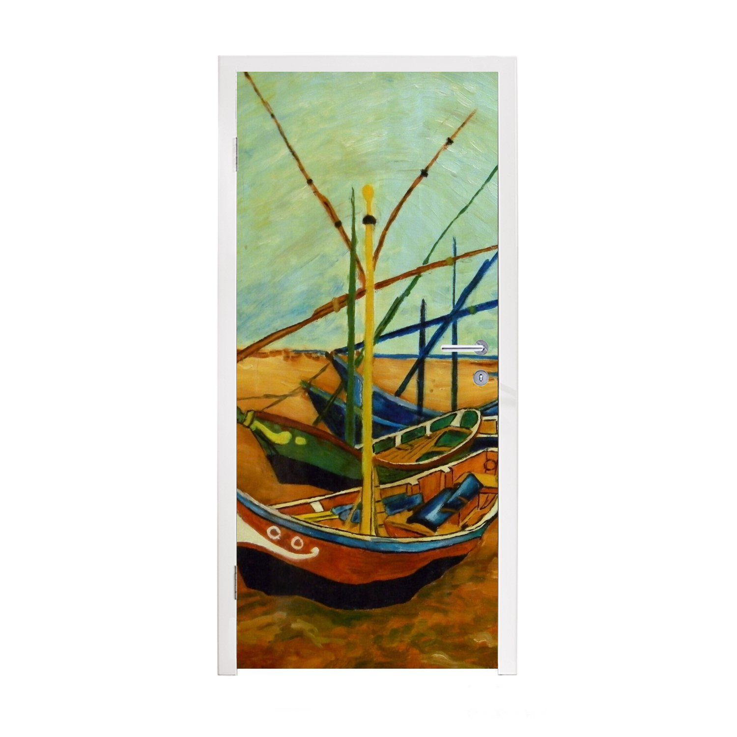 für bedruckt, Matt, Tür, - Fischerboote Gogh, St), Strand 75x205 am Vincent van Türaufkleber, (1 MuchoWow Fototapete Türtapete cm