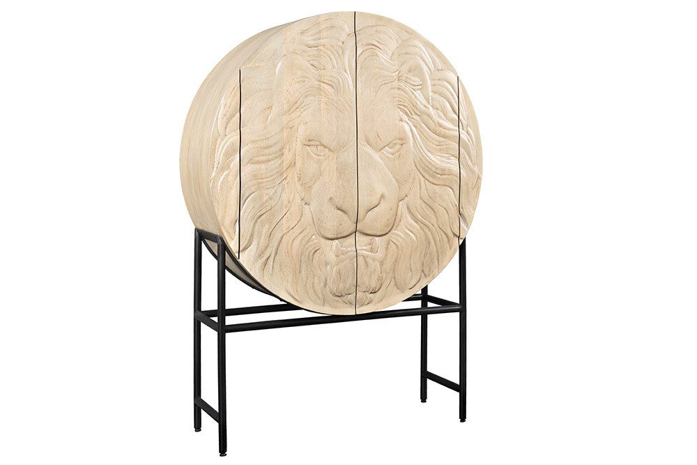 riess-ambiente Highboard LION 140cm weiß / schwarz · runder Wohnzimmer-Schrank aus Massivholz (Einzelartikel, 1 St), 3D Schnitzerei · Löwenkopf-Design · handmade · 2 Türen & 6 Fächer