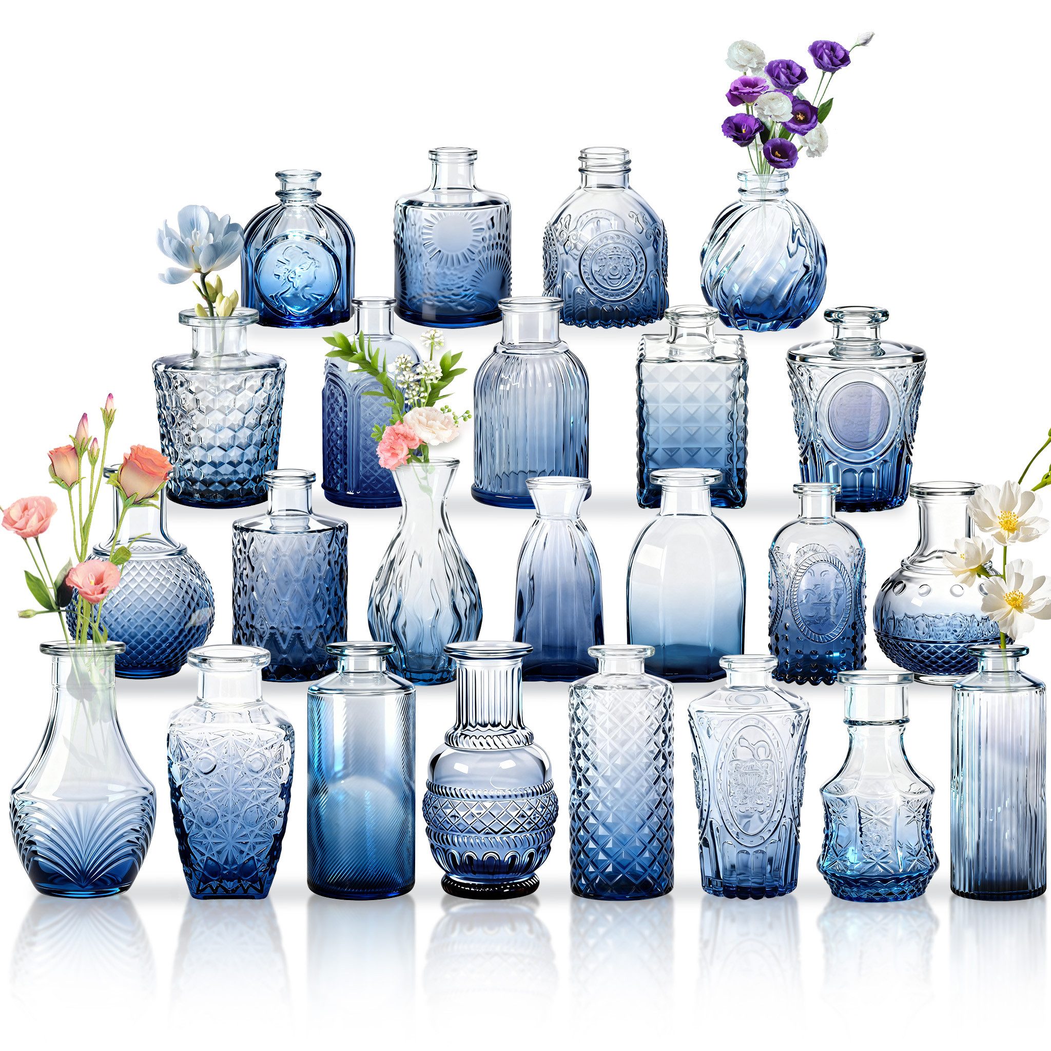 FIVMEN Dekovase Glasvasen Set Blumenvasen Vintage Glas Vasen Minivasen Knospenvasen (24 St), für Blumenarrangements, Hochzeiten, Partys und Dekorative