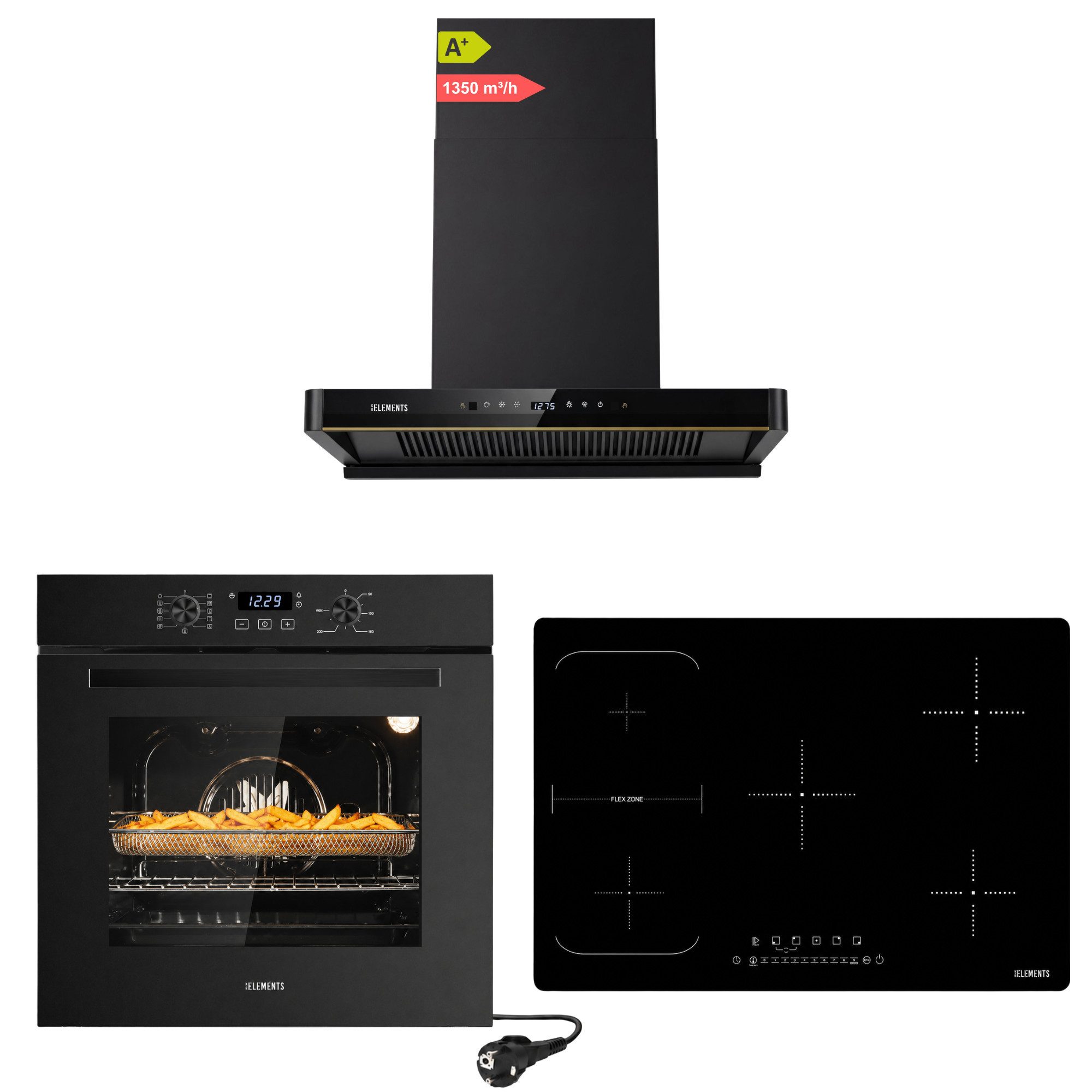 KB Elements Induktions Herd-Set Einbaubackofen 60 cm mit 5-Zonen Induktionskochfeld 77cm, Air Fry, Steam Clean, A+, Induktionskochfeld mit 5 Zonen