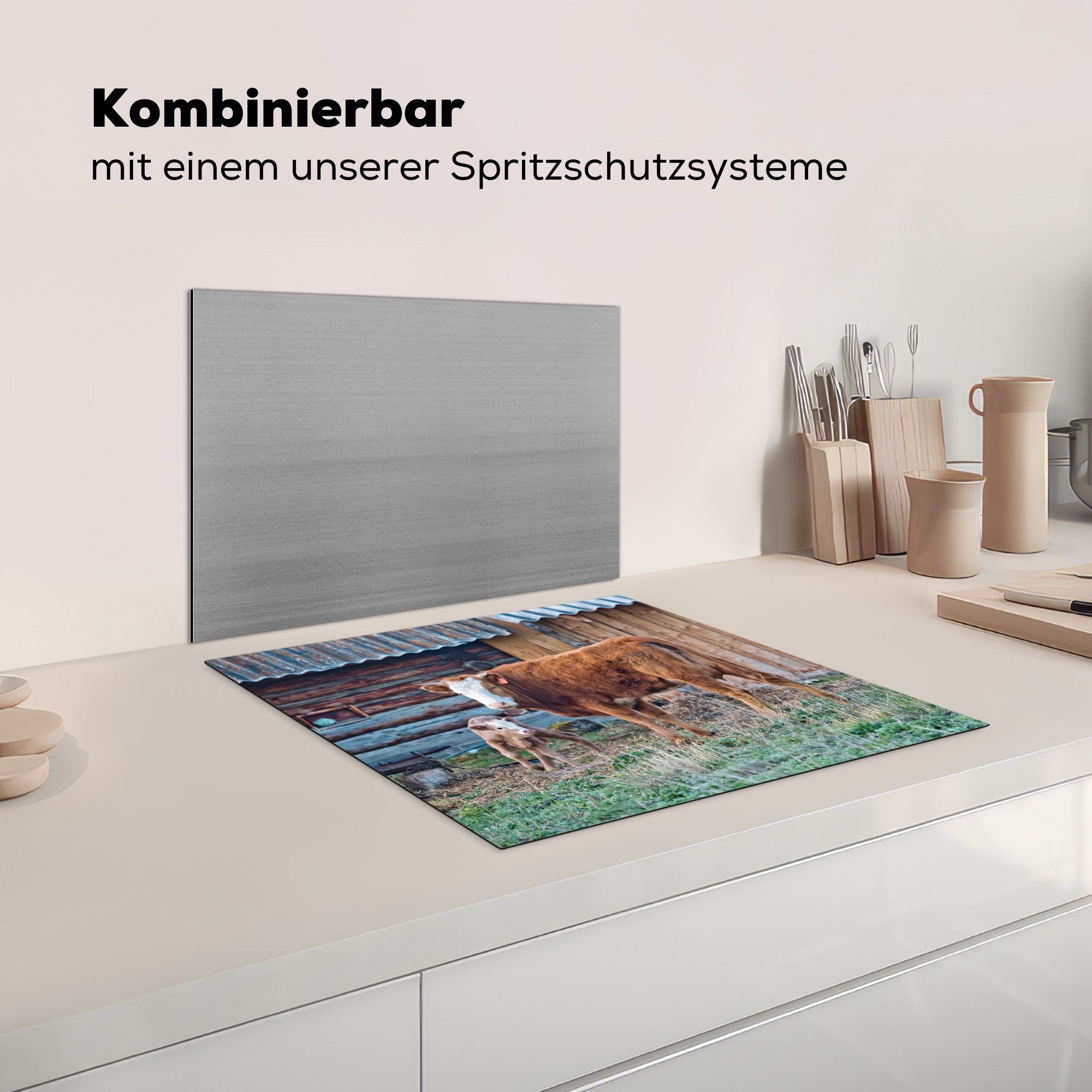 - für tlg), Kalb, die Vinyl, Stall küche, Gras Kuh Ceranfeldabdeckung Induktionsmatte (1 Herdblende-/Abdeckplatte 59x52 MuchoWow - cm, -