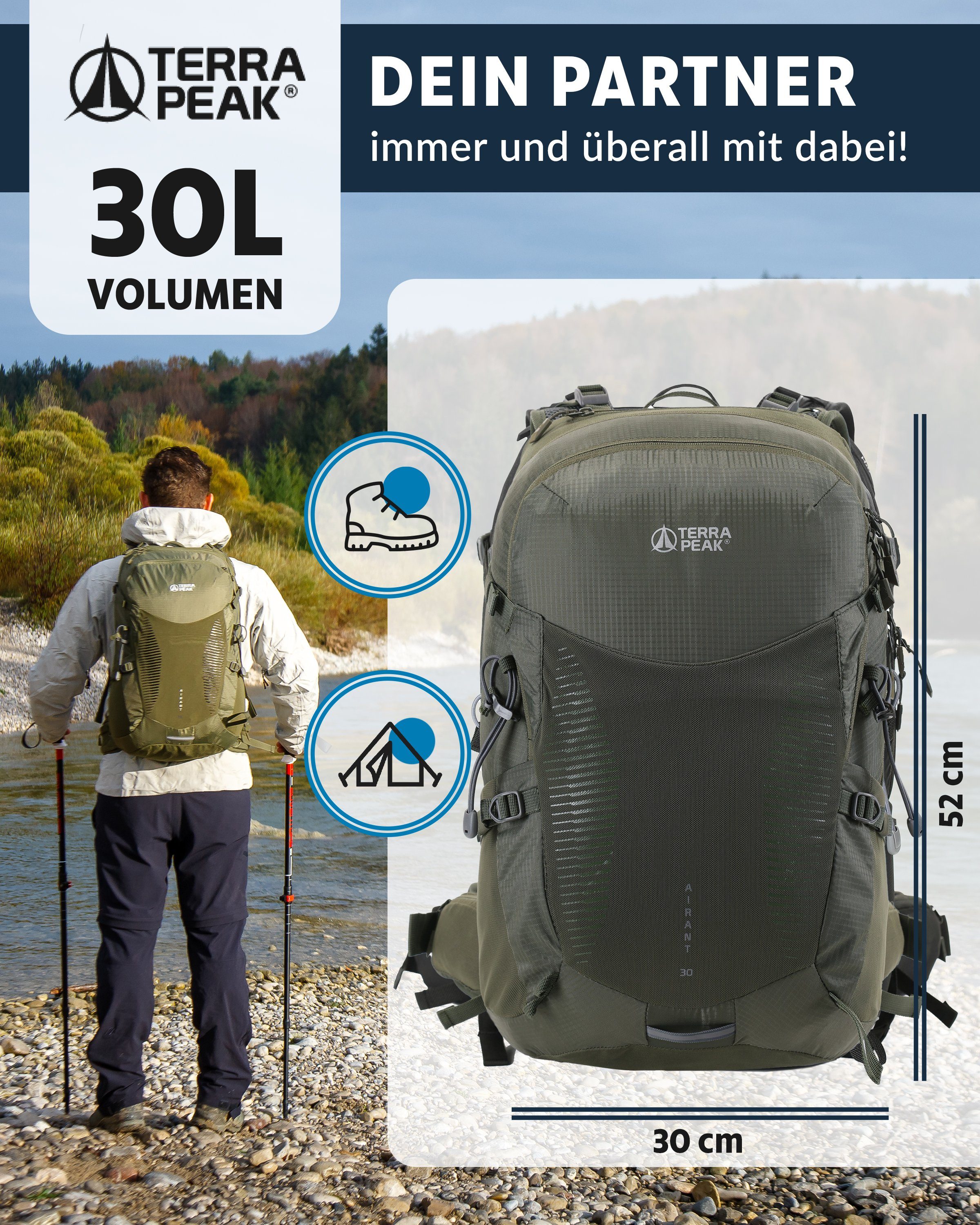 mittelgroß Netzrücken Terra Peak Liter Wanderrucksack belüftetem mit 30, Rucksack Olivegrün klein 30 Airant