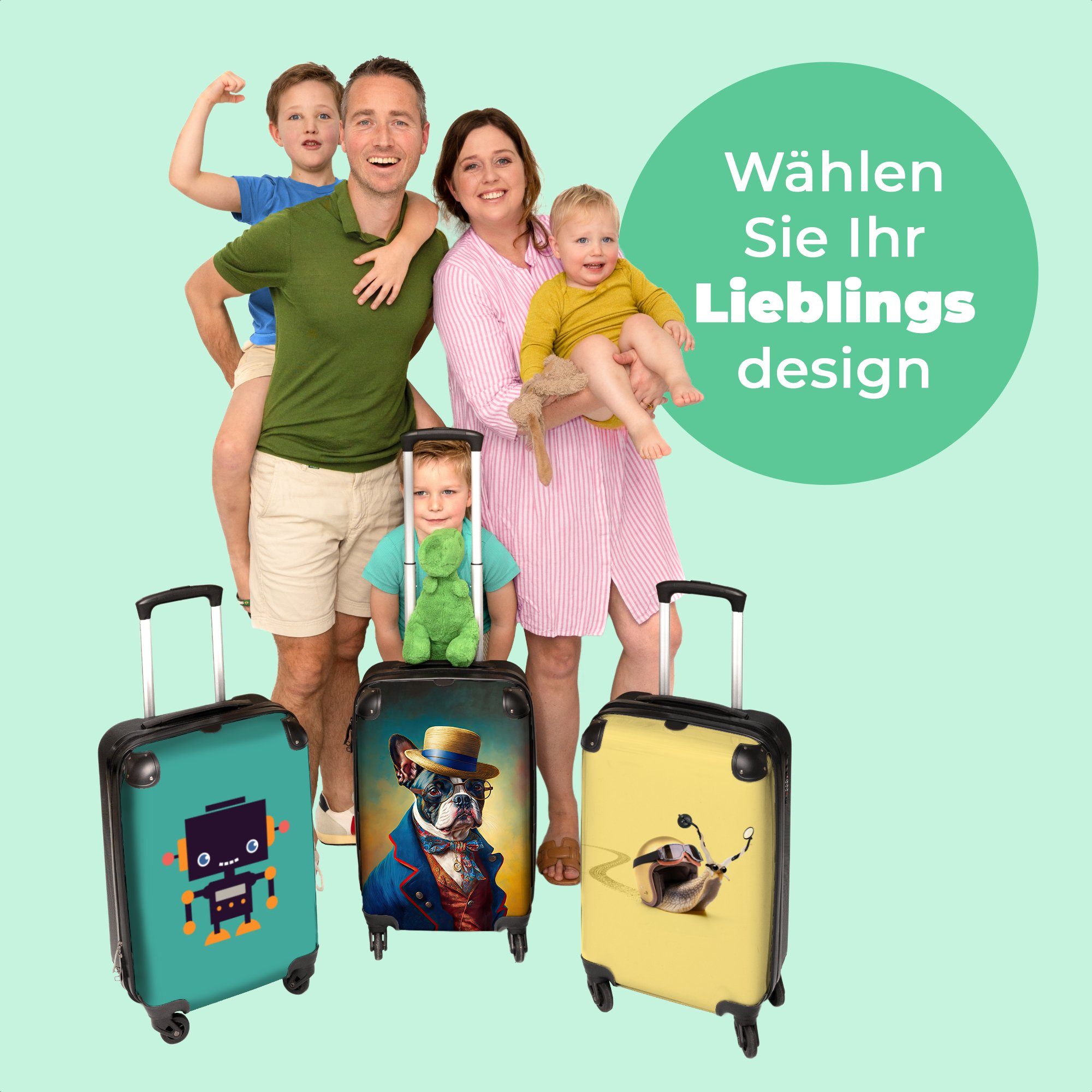 NoBoringSuitcases.com© Kinderkoffer 55x35x20cm Hund Rollen, Reisetasche - Porträt, - Ferien, Kleidung Kindertrolley, Handgepäck rollen, Farbe Koffer - für 4 mit Accessoires 