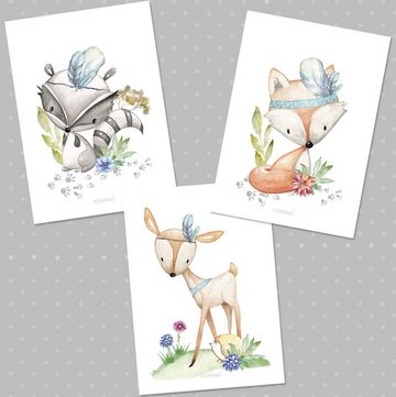 Sunnywall Poster Poster Kinderzimmer Waldtiere mit Federschmuck (3er Set), Fuchs, Reh und Hase mit Federschmuck (Set, 3 St), Poster