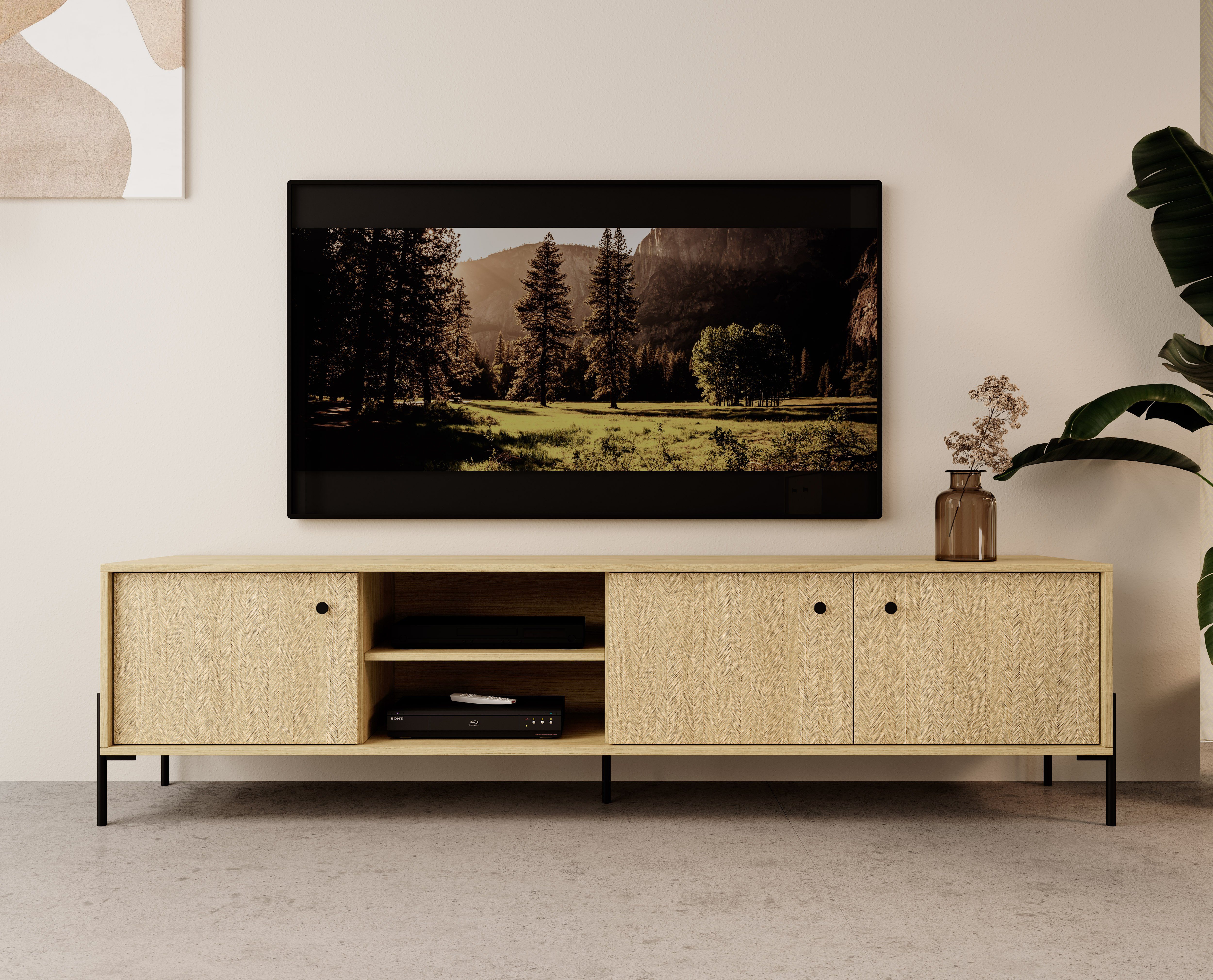 Furnix TV-Schrank SCANDINAWA 207 Fernsehschrank Metallfüße Scandi Eiche / Fischgräten hochwertig, B206,6 x H53,4 x T39,5 cm, made in EU