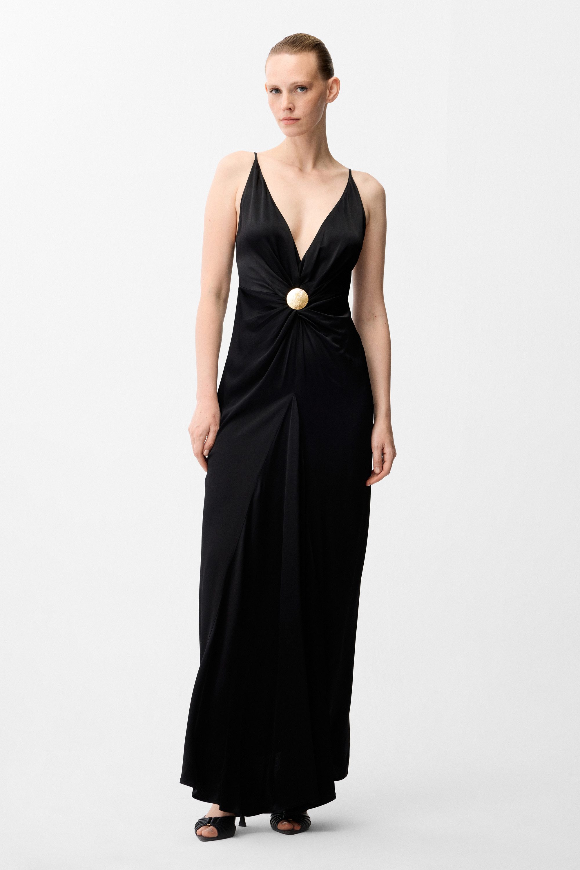 adL Abendkleid Maxikleid mit Spaghettiträgern und Schmuckdetail