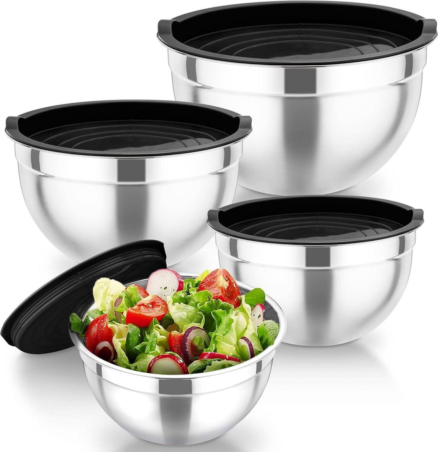 Küchenorganizer-Set 4tlg Edelstahl Rührschüssel Set mit Luftdicht Deckel, Schwarz
