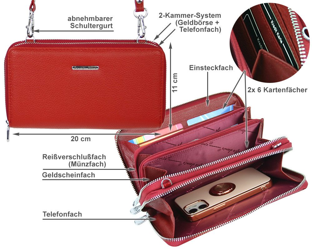 J JONES JENNIFER JONES Handytasche 2in1 - Damen Handtasche als Geldbörse mit Handyfach, Leder, abnehmbarer Schultergurt