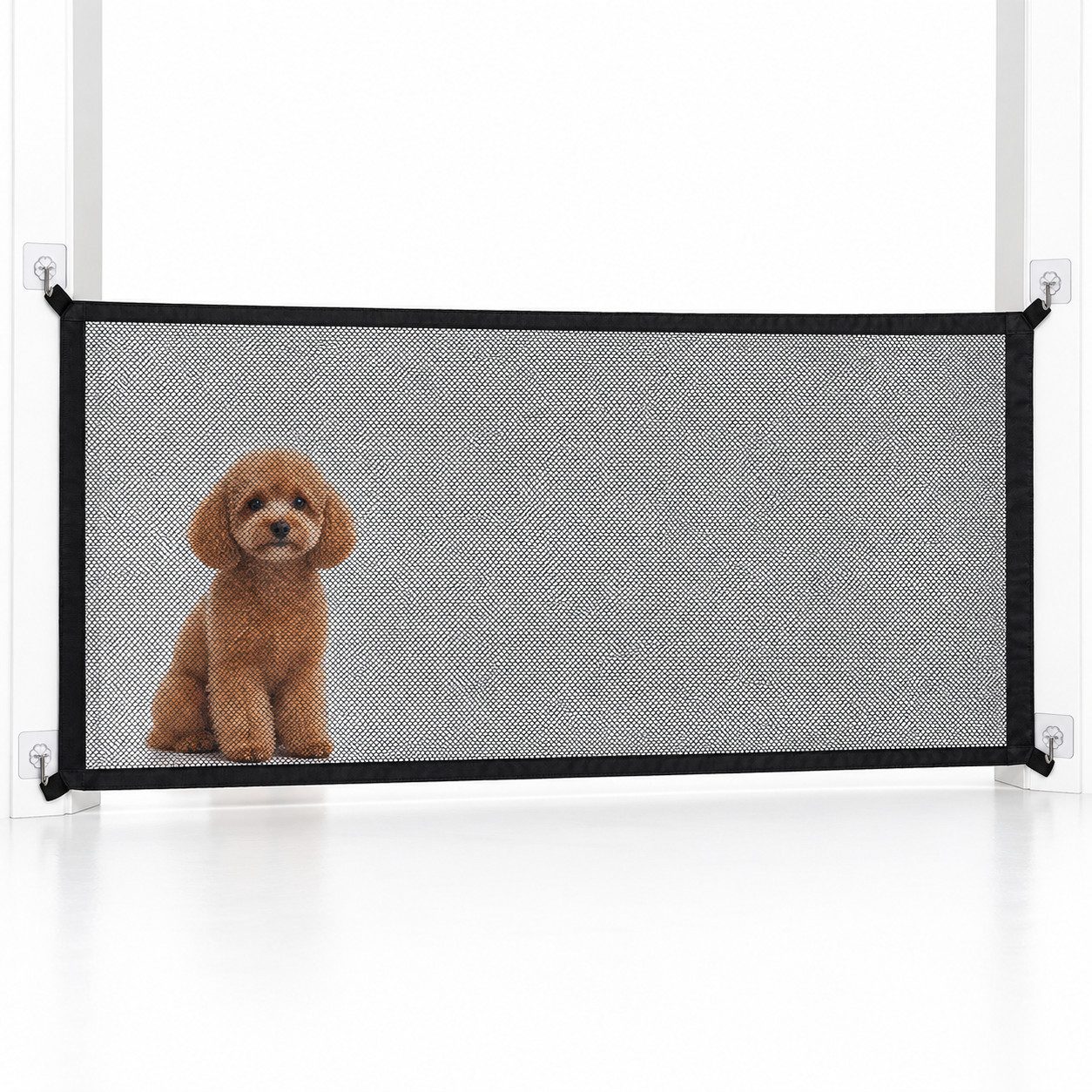 FLOCKI Pets™ Hundegitter Hundegitter Netz ohne Bohren, Türschutzgitter für Hunde & Katzen (Komplett-Set), Montage ohne Bohren, durchsichtiges Netz, faltbar