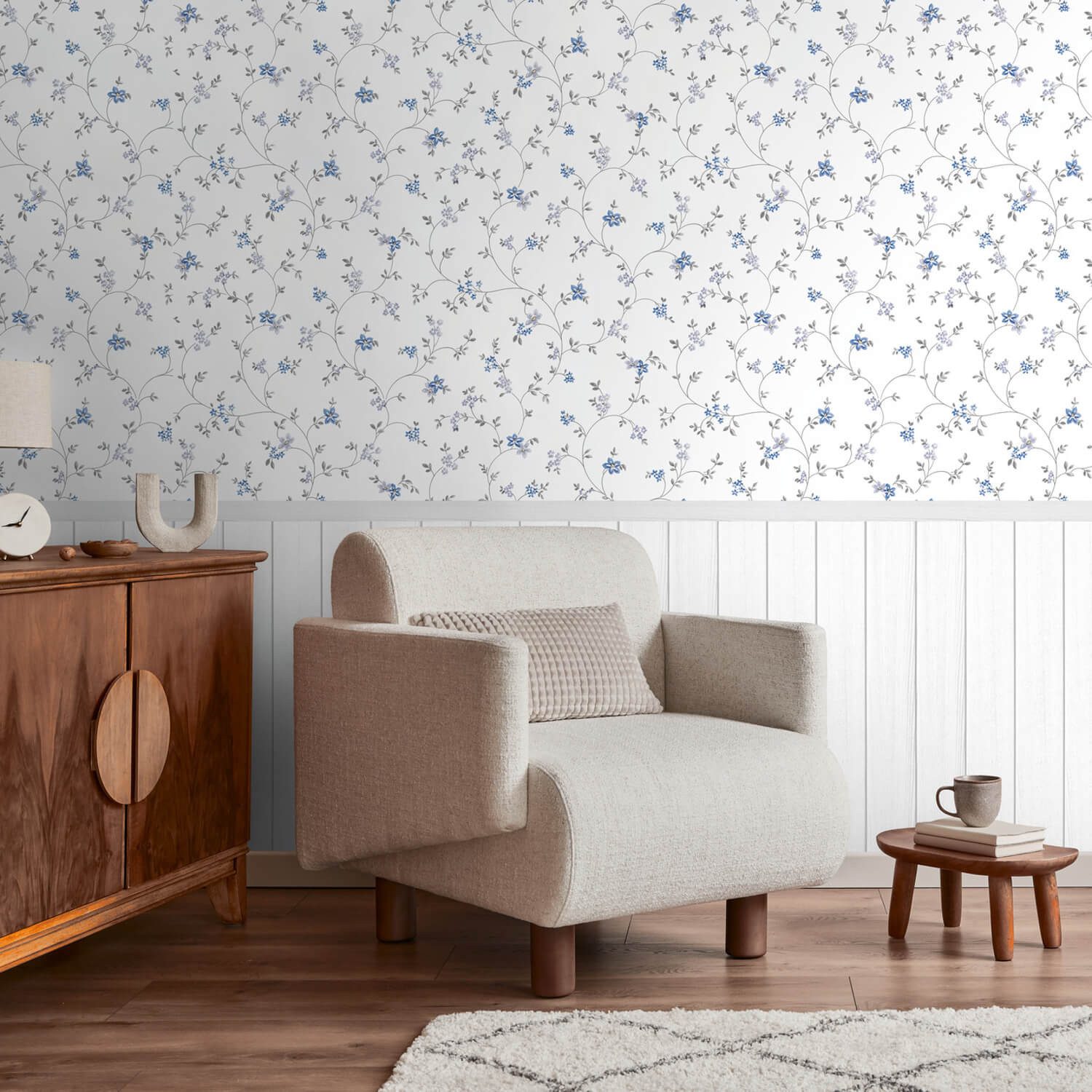 Profhome Fototapete 398052-GU Vliestapete Blumen matt creme creme-weiß grün, geprägt, (1 Rolle, 4,45 qm), heißgeprägte Vliestapete, blau