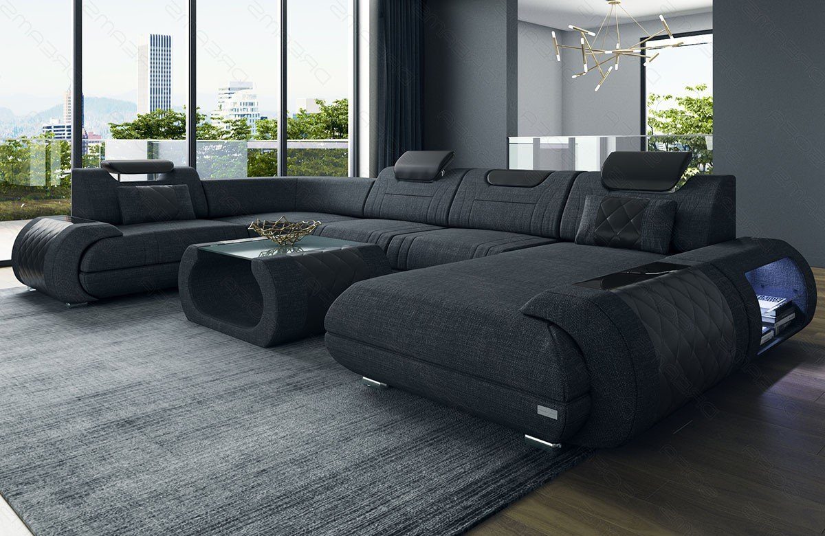 U Bettfunktion Stoff Rimini Strukturstoff Stoffsofa, Sofa Wohnlandschaft H Form Dreams Couch Polster wahlweise Sofa schwarz-schwarz mit