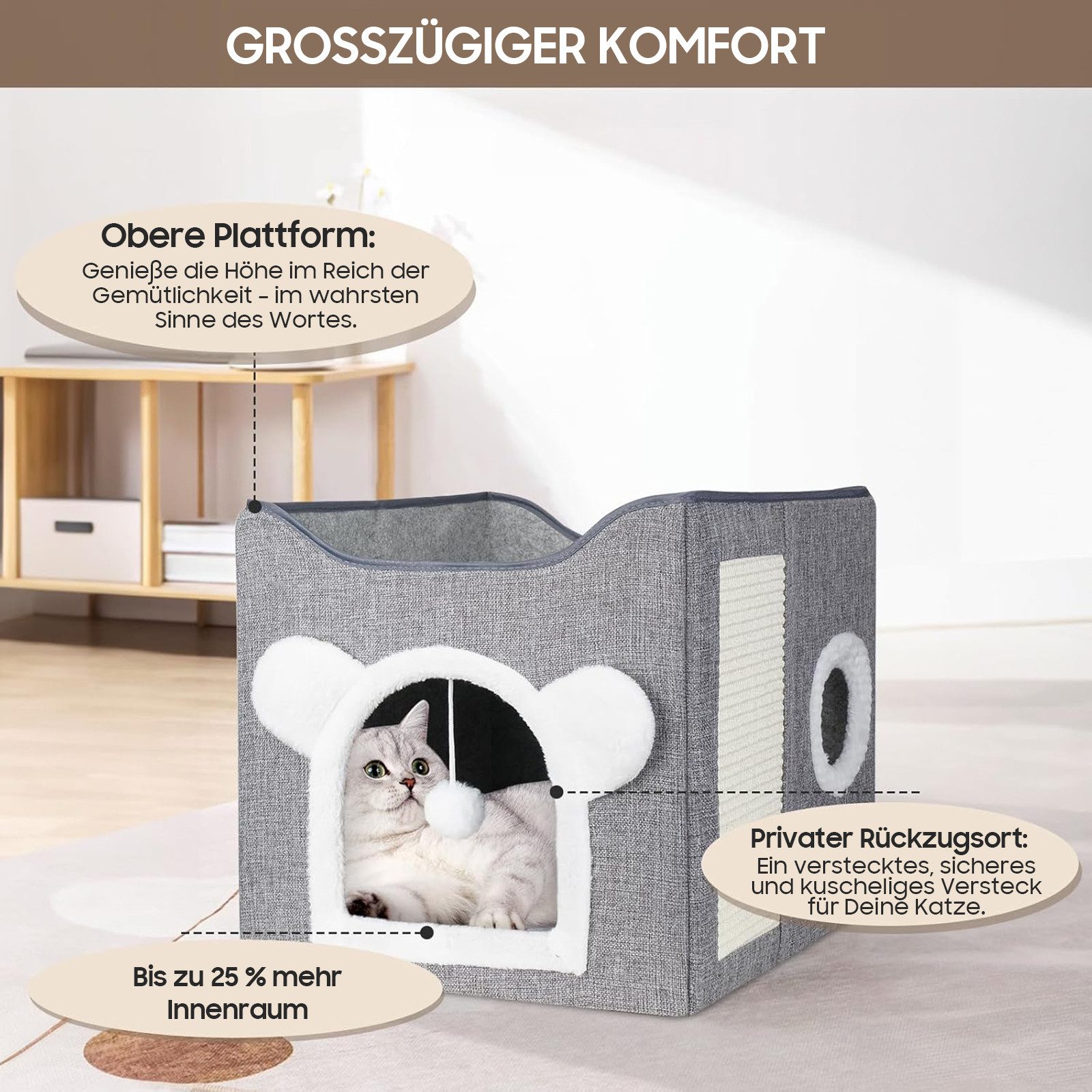 SURFOU Katzenhaus Katzenbett Hundehöhle, faltbares Katzenhaus mit Kratzbrett, 39x39x38cm, Flauschig mit Spielball, für innen/draußen, stabile Katzenhöhle