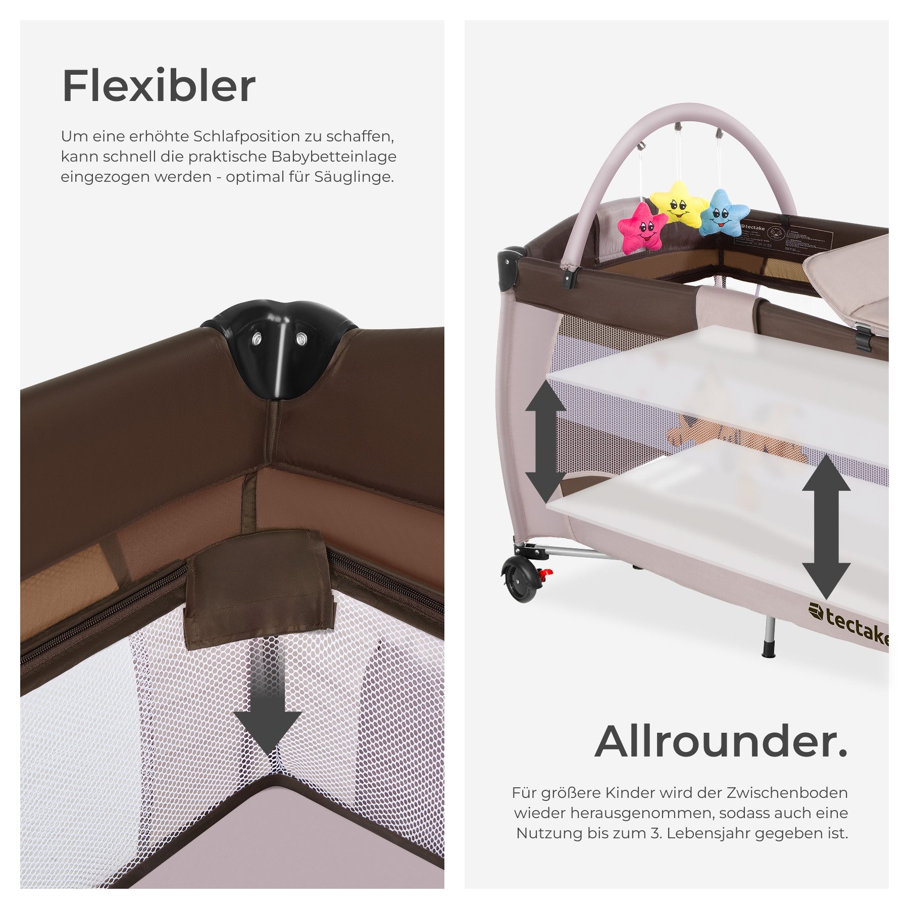 tectake Baby-Reisebett Kinderbett mit Wickelauflage und Transporttasche 132x75x104cm, mit großen Mesh-Einsätzen, Wickelauflage und Seiteneingang in braun