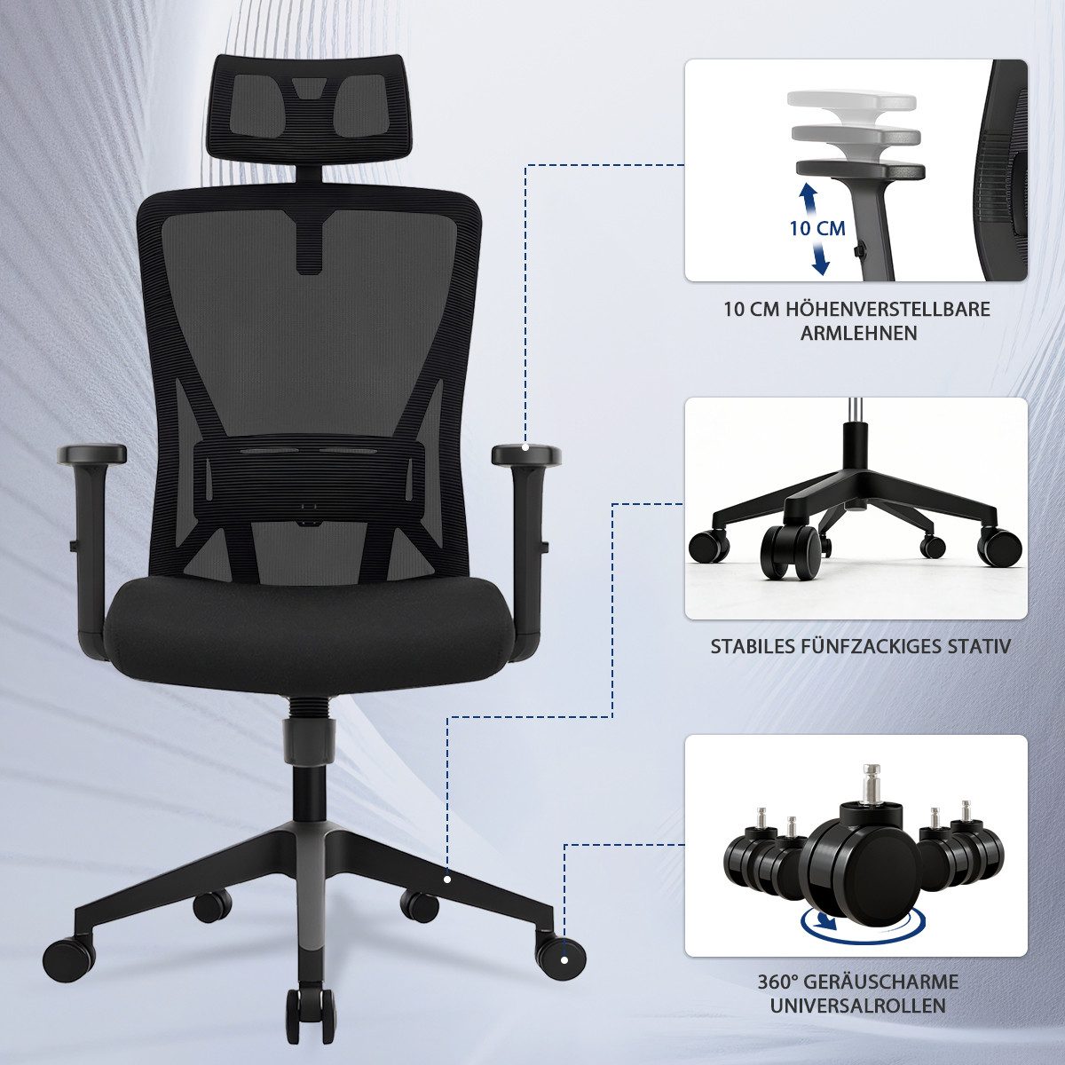Durrafy Bürostuhl 200kg Ergonomischer Bürostuhl-Verstellbare Lordosenstütze (Verstellbare Lendenwirbelstutze + Kopfstutze + hohenverstelbare Armlehnen),bis zu 130° neigbar, atmungsaktives Netzgewebe, Drehstuhl),bis zu 130° neigbar, atmungsaktives Netzgewebe, Drehstuhl