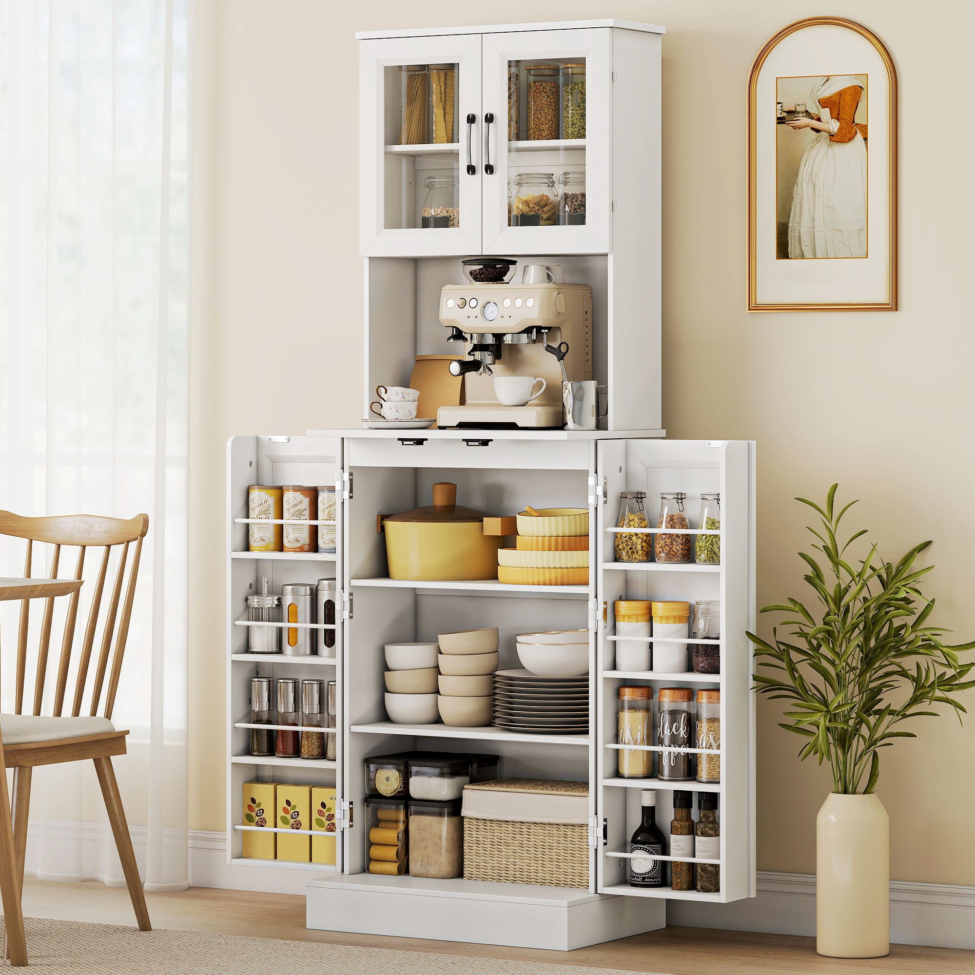 HOMCOM Küchenbuffet Küchenschrank, Buffetschrank mit 4 Türen, Arbeitsplatte (Vitrinenschrank, 1-St., Hochschrank) für Küche, Esszimmer, Weiß