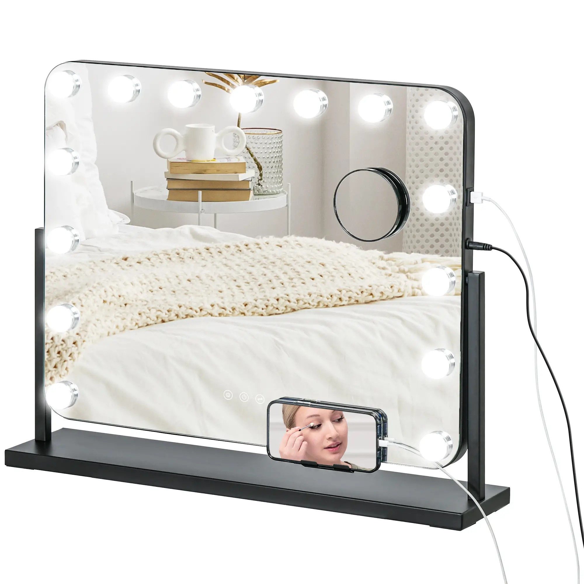 BlingBin Kosmetikspiegel Hollywood Spiegel mit Beleuchtung 360°Drehbar Schminkspiegel (1er Set, 1-St., 62,5cm x 14cm x 52cm), 15 LED Licht 3 Lichtfarben USB-Ladeanschluss Handyhalterung