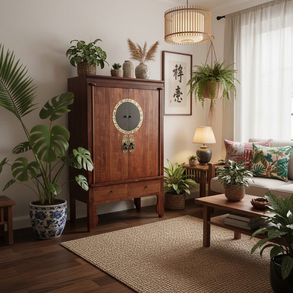 OPIUM OUTLET Kleiderschrank Asia Hochzeitsschrank Schrank Kommode Hochkommode (Breite 105 cm, Höhe 175 cm, Tiefe 55 cm, Möbel kastanien-braun komplett montiert) chinesisch asiatisch orientalisch Vintage-Stil