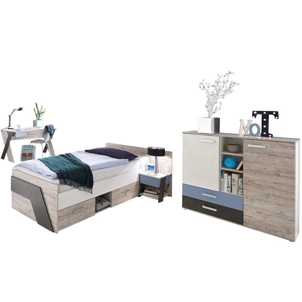 Lomadox Jugendzimmer-Set LEEDS-10, (Sparset, 4-tlg), Sandeiche Nb. mit weiß Lava und Denim Blau