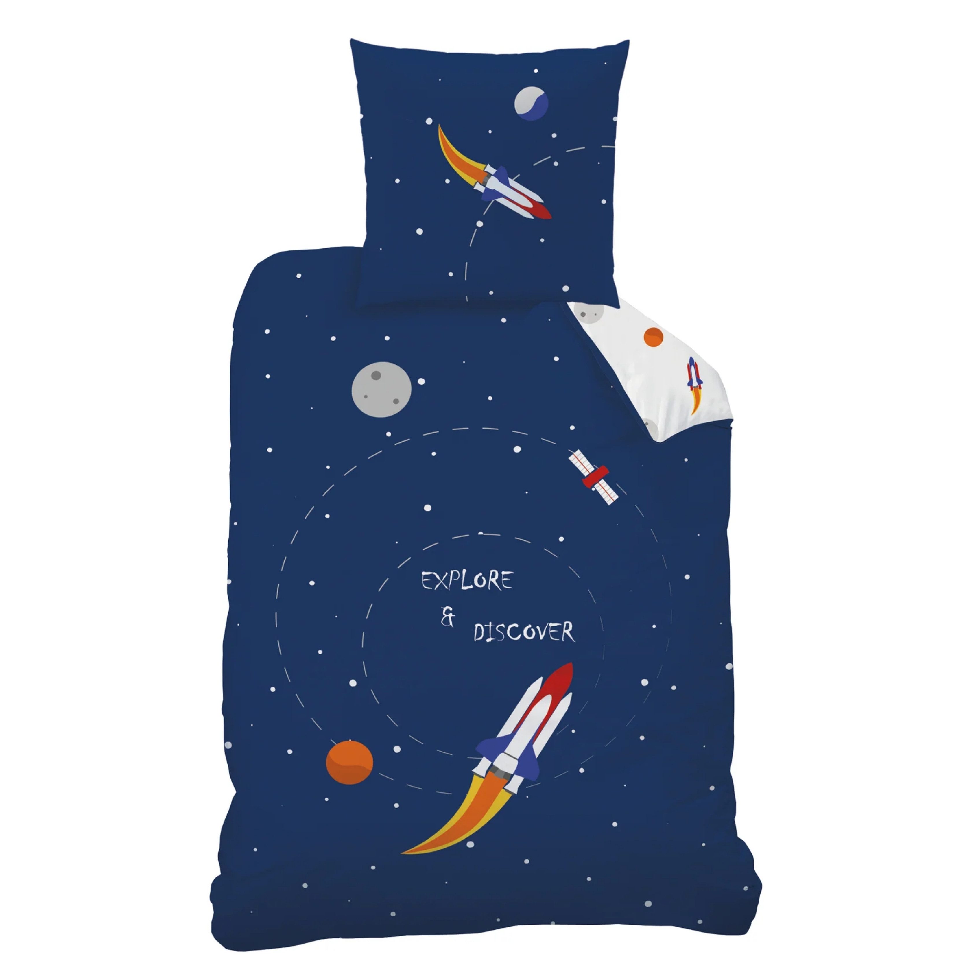 MTOnlinehandel Kinderbettwäsche Rakete Planeten Weltall 135x200 + 80x80 cm, günstig online kaufen