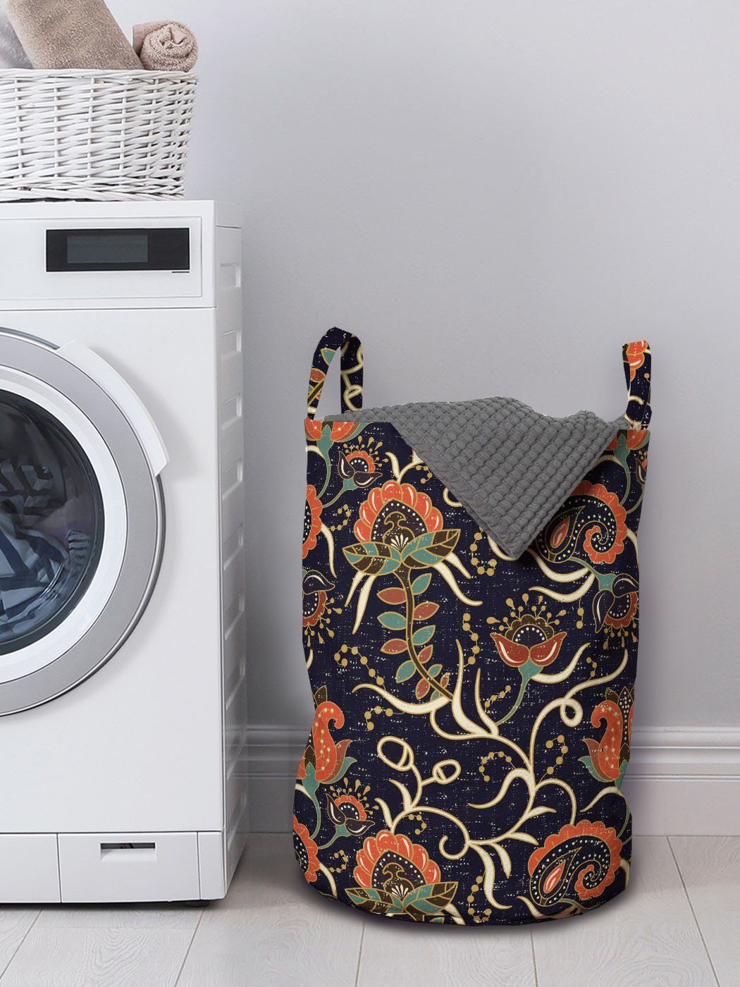 Grunge Locken Wäschesäckchen Jacobean Wäschekorb mit Flora Kordelzugverschluss Griffen für Waschsalons, Abakuhaus