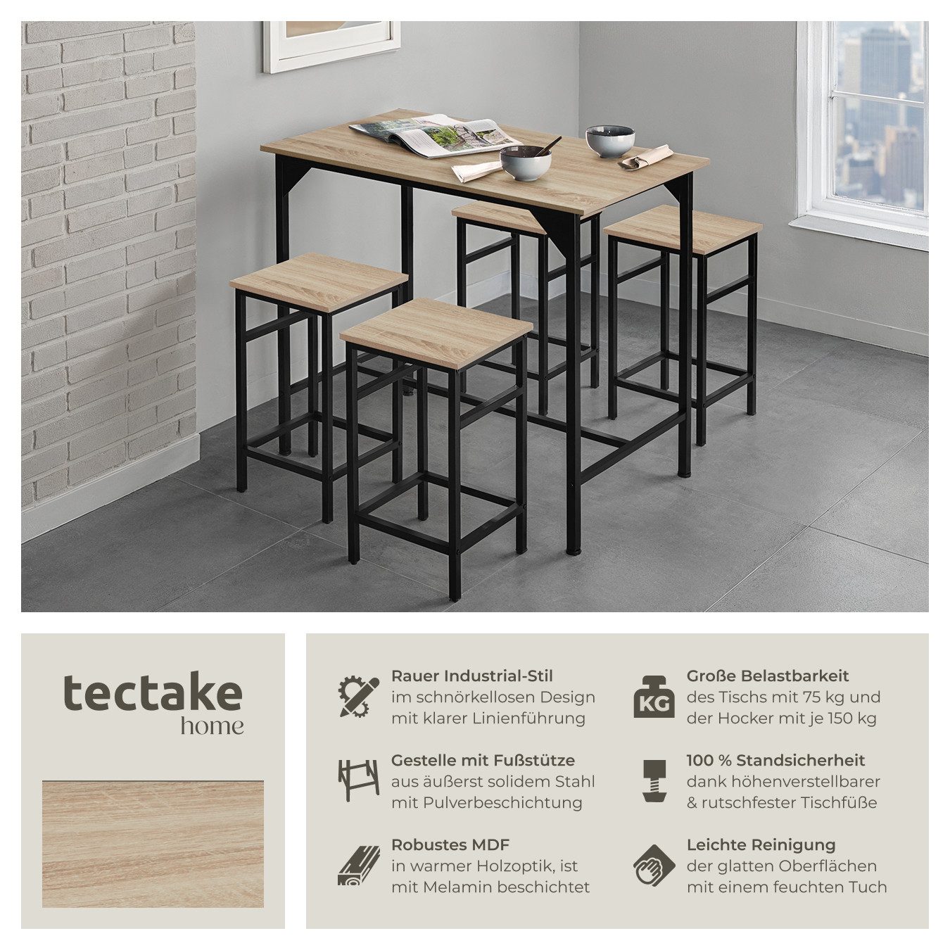 tectake Stehtisch Bartisch-Set (1-St., 5 tlg), Bartisch und Barhocker in rustikaler Industrie-Optik