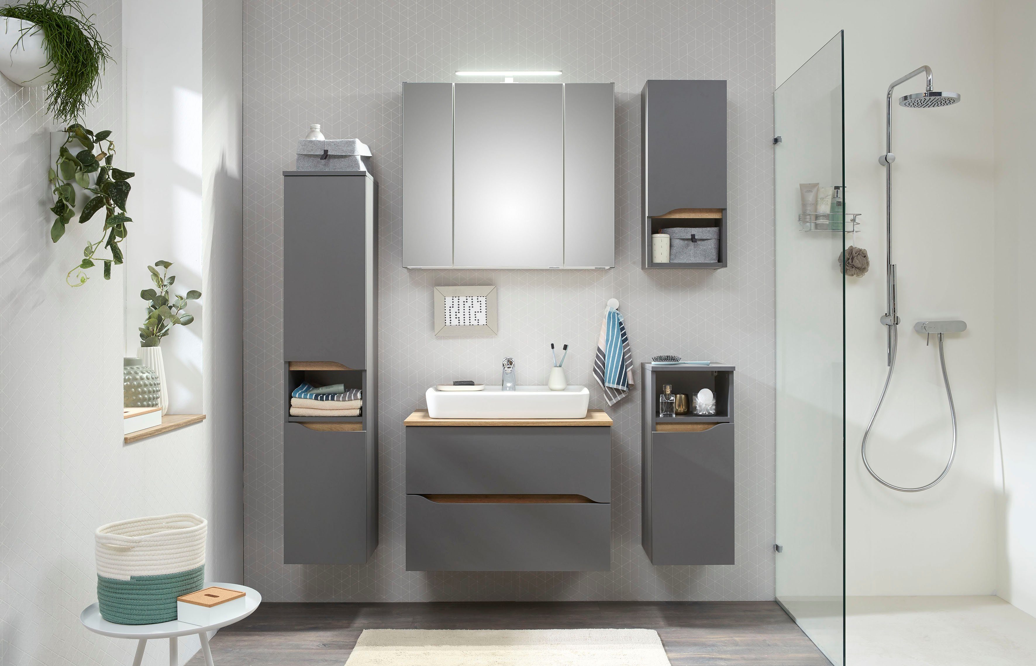 Saphir Badmöbel-Set Quickset 2-teilig, Keramik-Aufsatzbecken mit LED-Spiegelschrank, (2-St), 80 cm breit, 2 Schubladen, 3 Spiegeltüren, 6 Einlegeböden
