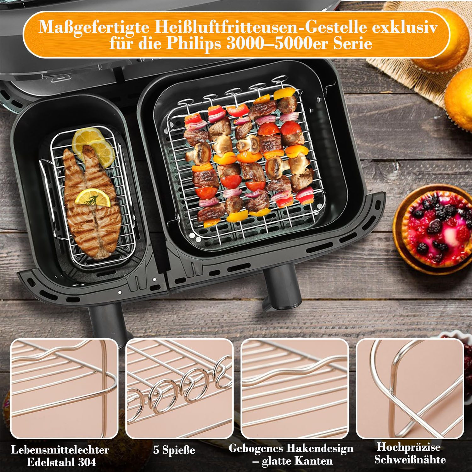 SURFOU Backform Heißluftfritteuse zubehör für Philips airfryer zubehör 28-tlg BPA-frei, (28-tlg Heißluftfritteuse Zubehör Set für Philips Airfryer Dual Basket 3000/5000 Serie(z. B. NA350/00, NA352/04), und Tefal EY9018 Dual Easy Fry, und die meisten Dual Zone Heißluftfritteusen(3L+6L), Silikonformen, Muffinförmchen, Backformen, Grillrost, Edelstahlspieße, Spießhalter, Silikonhandschuhe, Silikonzange, Öl-Pinsel 28-tlg), Schnell zubereitet, gesund, fettarm