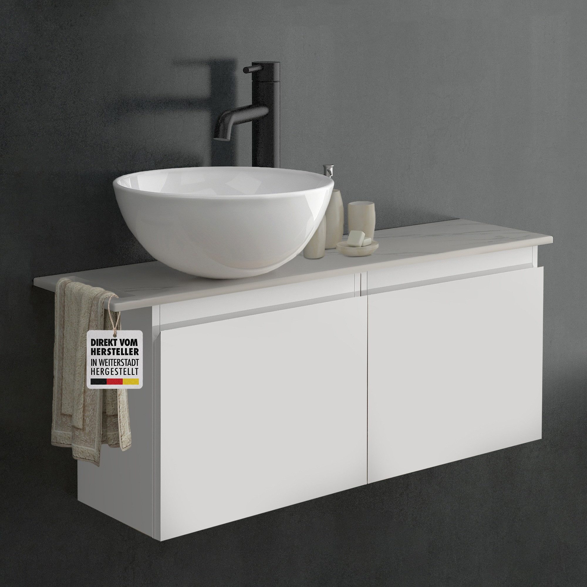 Alpenberger Badmöbel-Set mit Aufsatzwaschbecken Waschtisch mit Unterschrank & Keramikplatte, (Gäste WC Möbel mit Handwaschbecken, Waschtischunterschrank Hängend und Vormontiert), Waschbeckenunterschrank Weiss mit Softclose